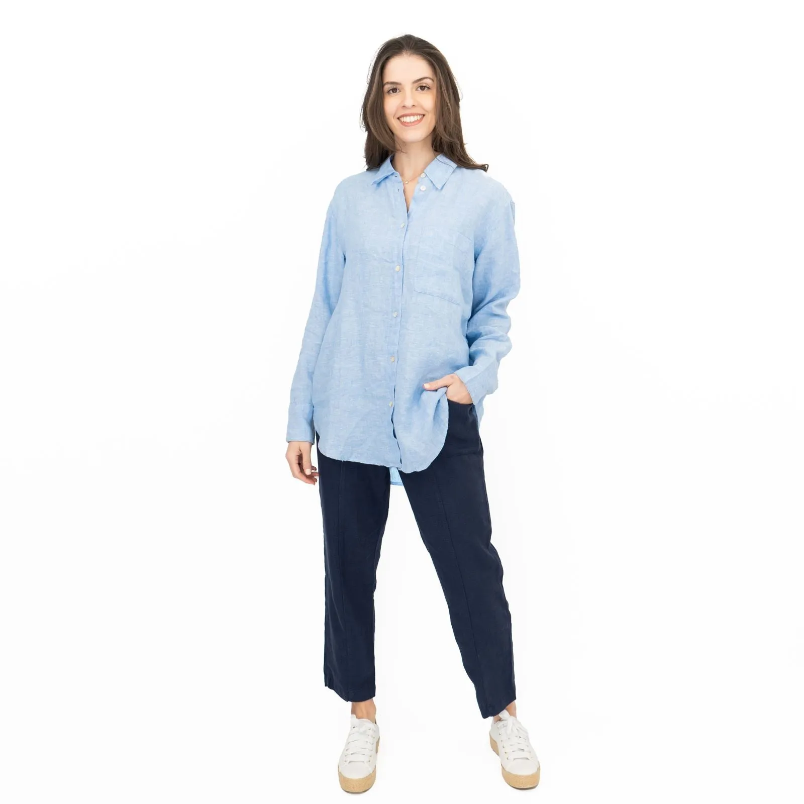 M&S Womens Denim Blue Pure Linen Collared Blouse