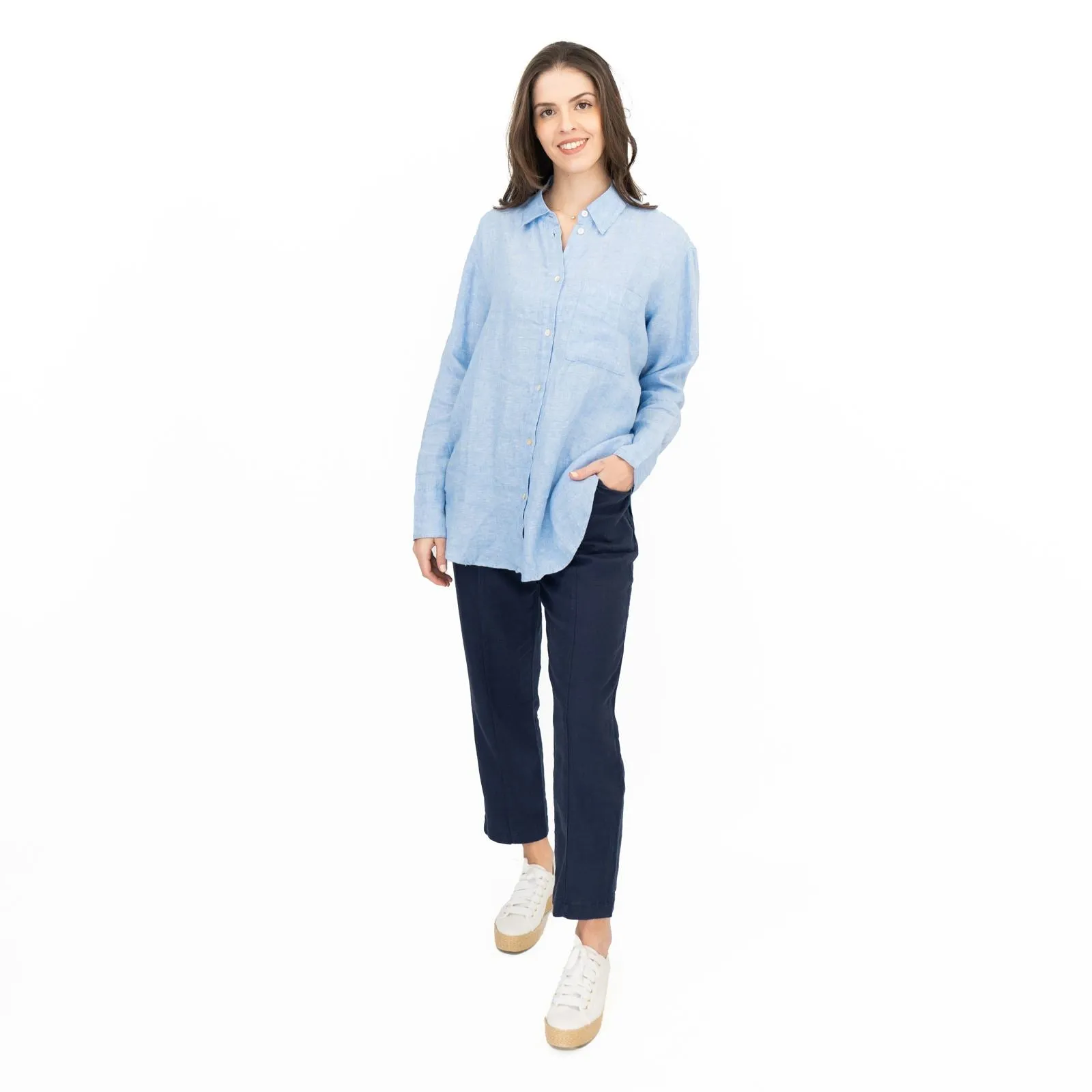 M&S Womens Denim Blue Pure Linen Collared Blouse