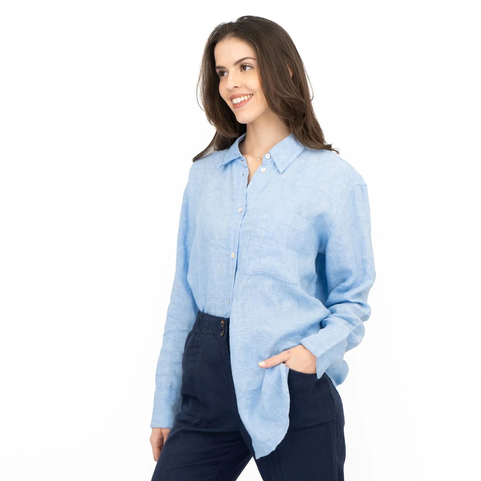 M&S Womens Denim Blue Pure Linen Collared Blouse