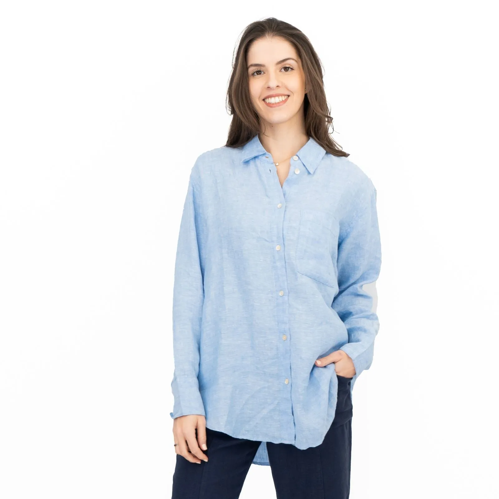 M&S Womens Denim Blue Pure Linen Collared Blouse