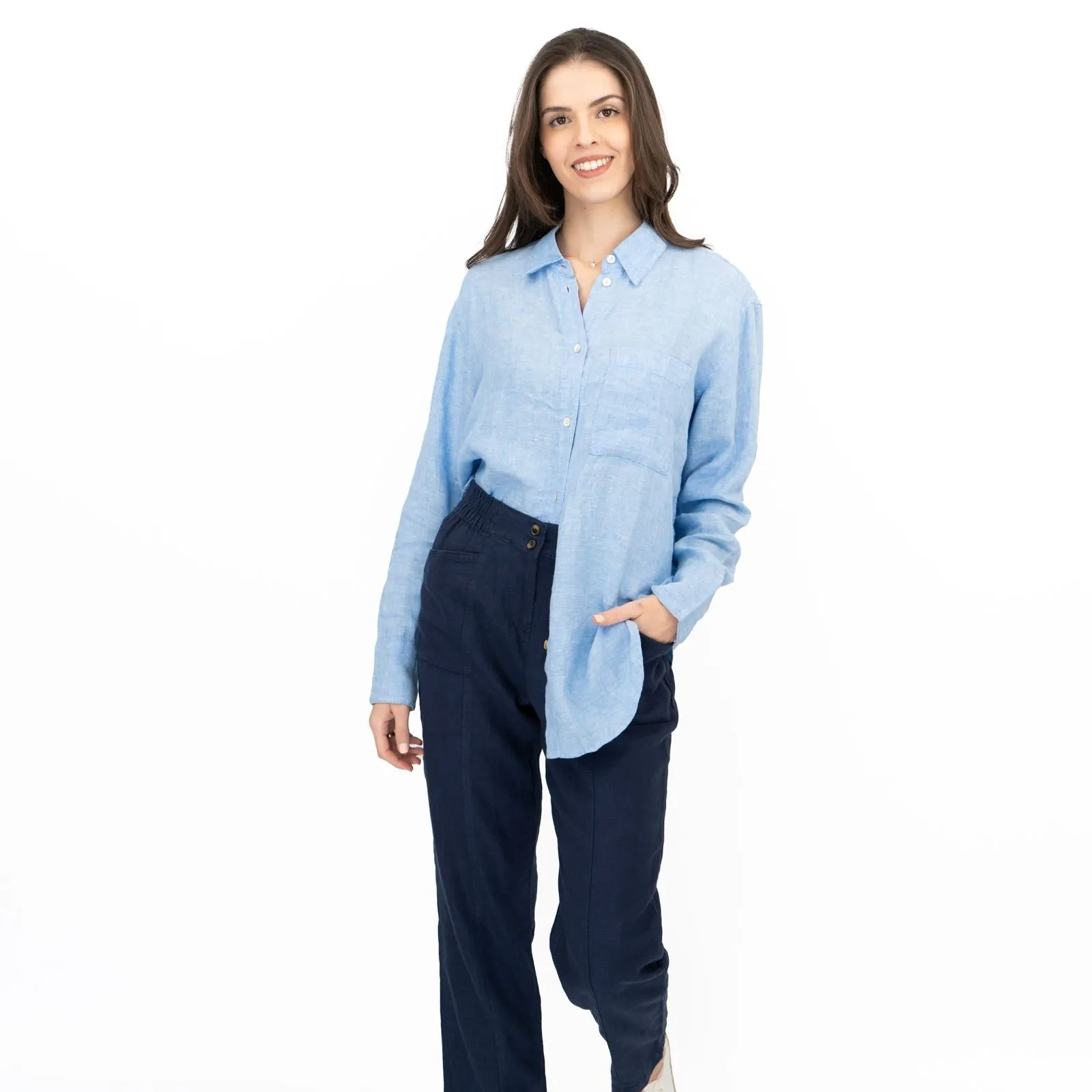 M&S Womens Denim Blue Pure Linen Collared Blouse