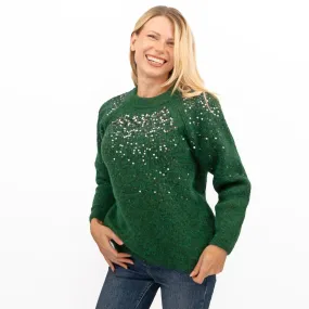 M&S Womens Green Sequin Crew Neck Jumper