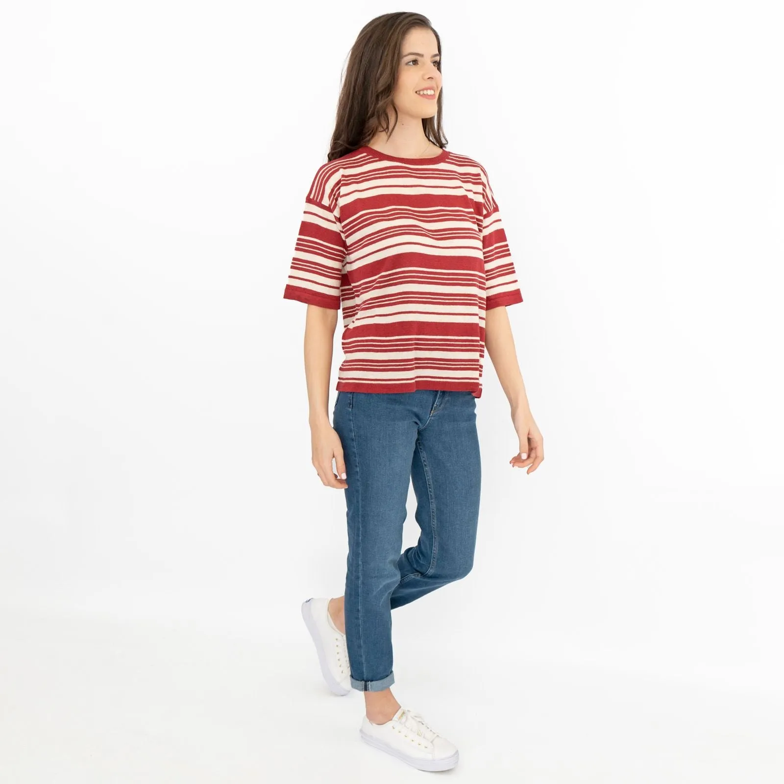 Max Mara Weekend Talea Red Striped Short Sleeve Drop Shoulder Sweat Tops with Linen