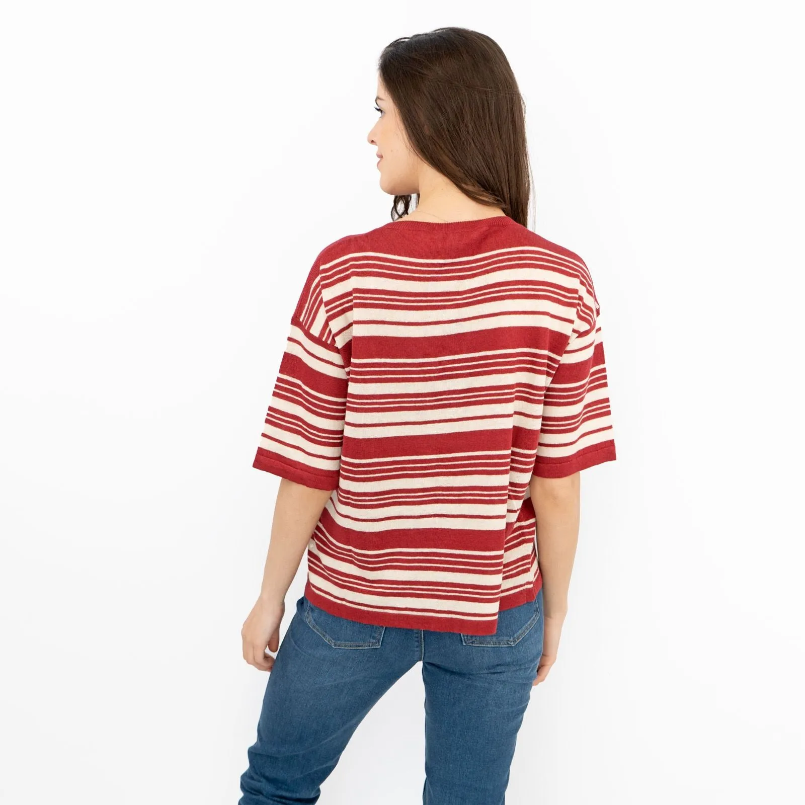 Max Mara Weekend Talea Red Striped Short Sleeve Drop Shoulder Sweat Tops with Linen