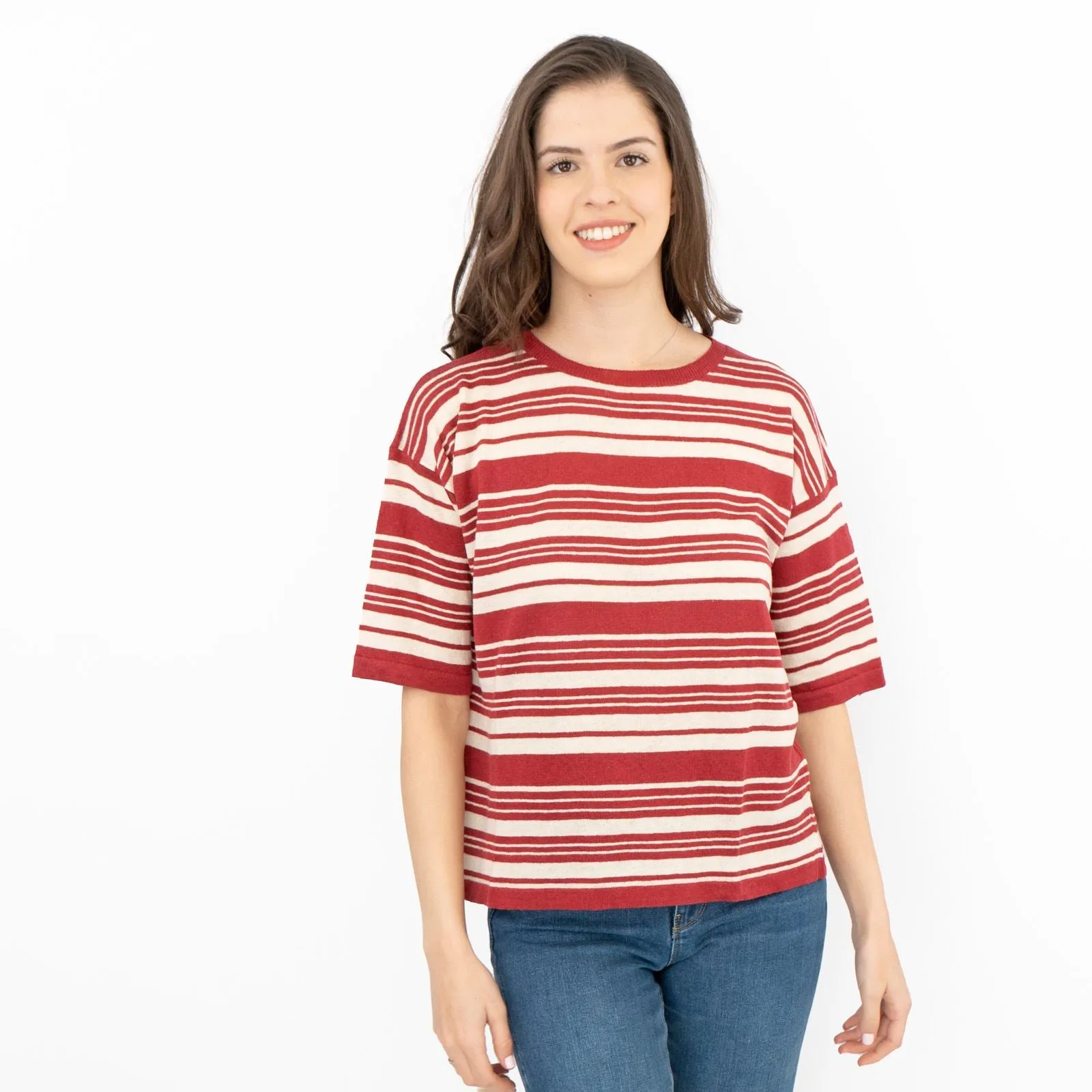 Max Mara Weekend Talea Red Striped Short Sleeve Drop Shoulder Sweat Tops with Linen