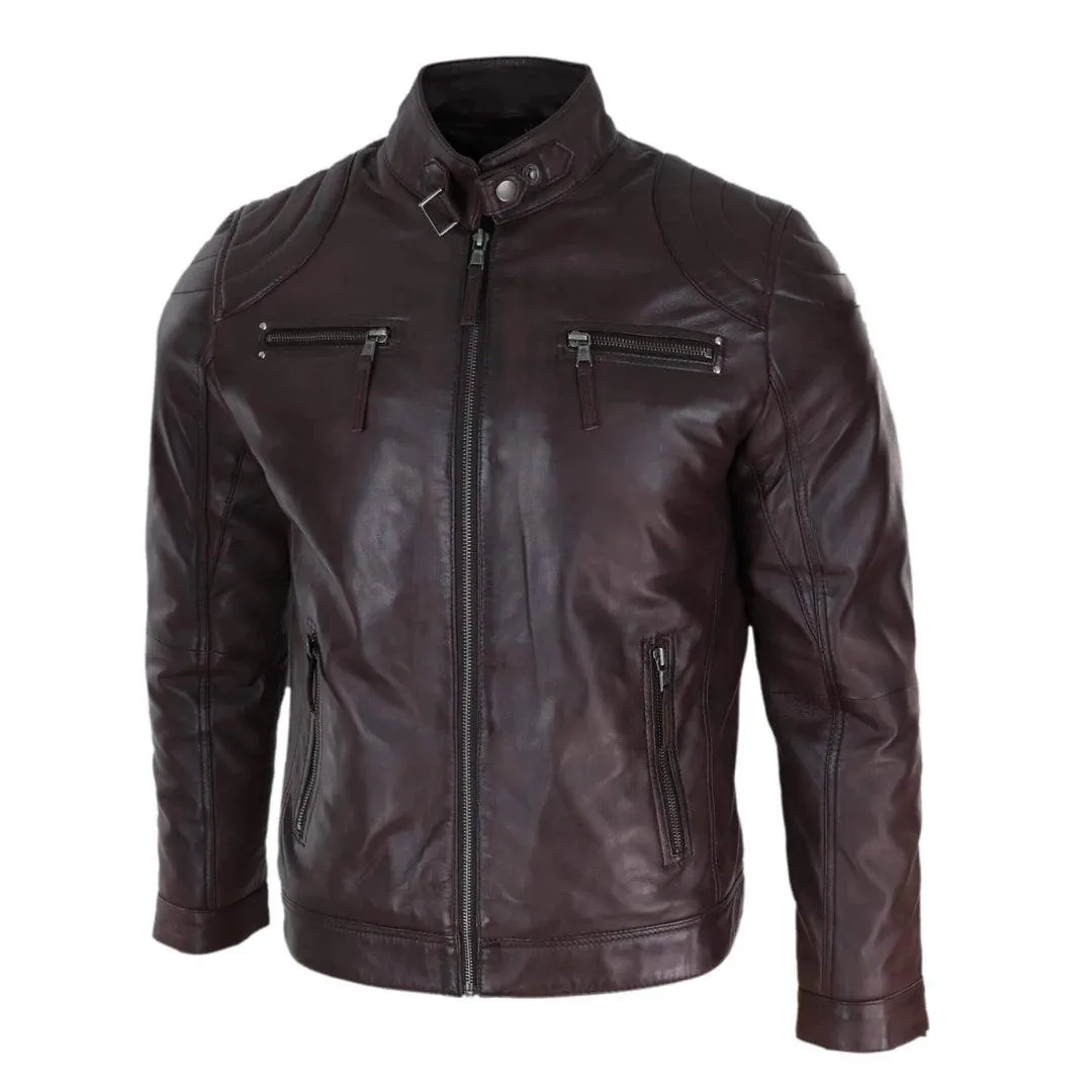 Mens Biker Zip Jacket Real Leather Casual Light Short Classic Retro Motorcycle