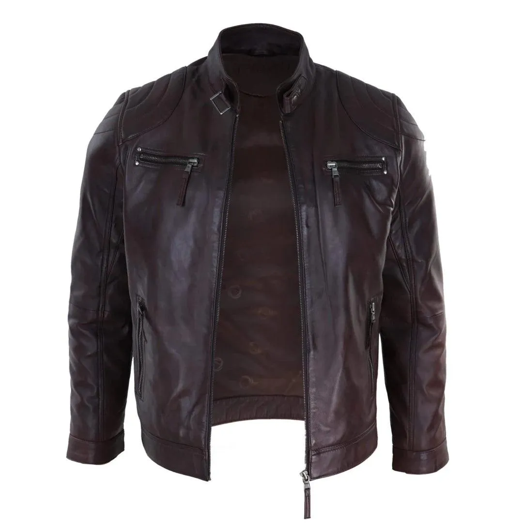 Mens Biker Zip Jacket Real Leather Casual Light Short Classic Retro Motorcycle