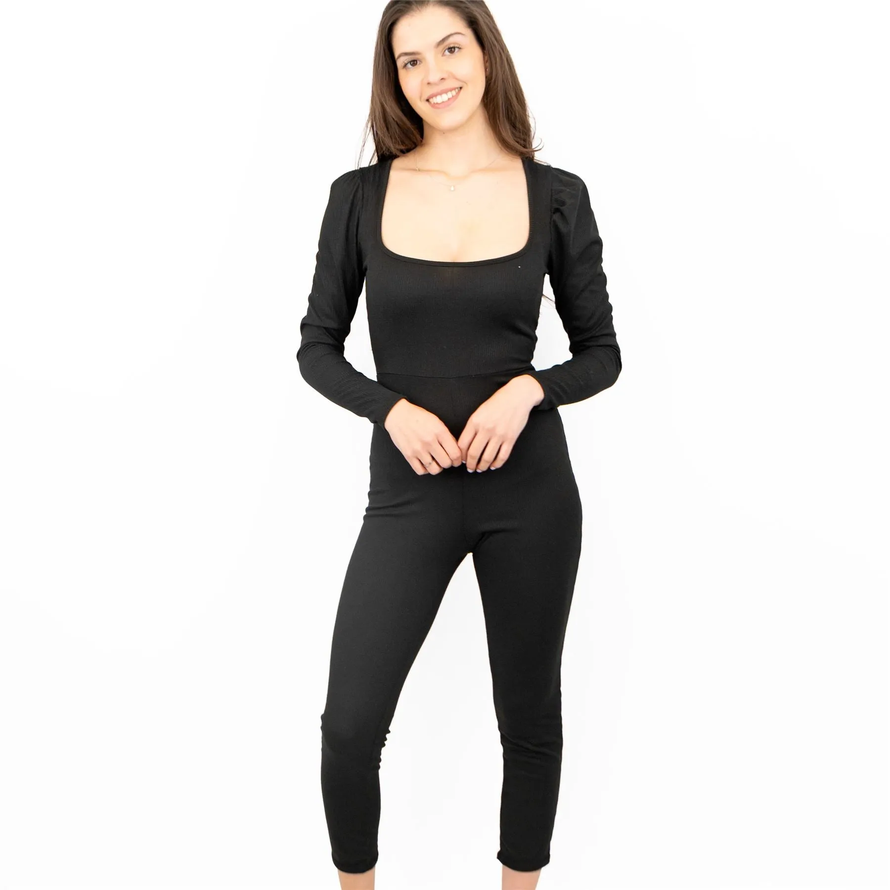 Misspap Ribbed Puff Shoulder Long Sleeve Square Neck Skinny Leg Stretch Bodycon Fit Jumpsuits