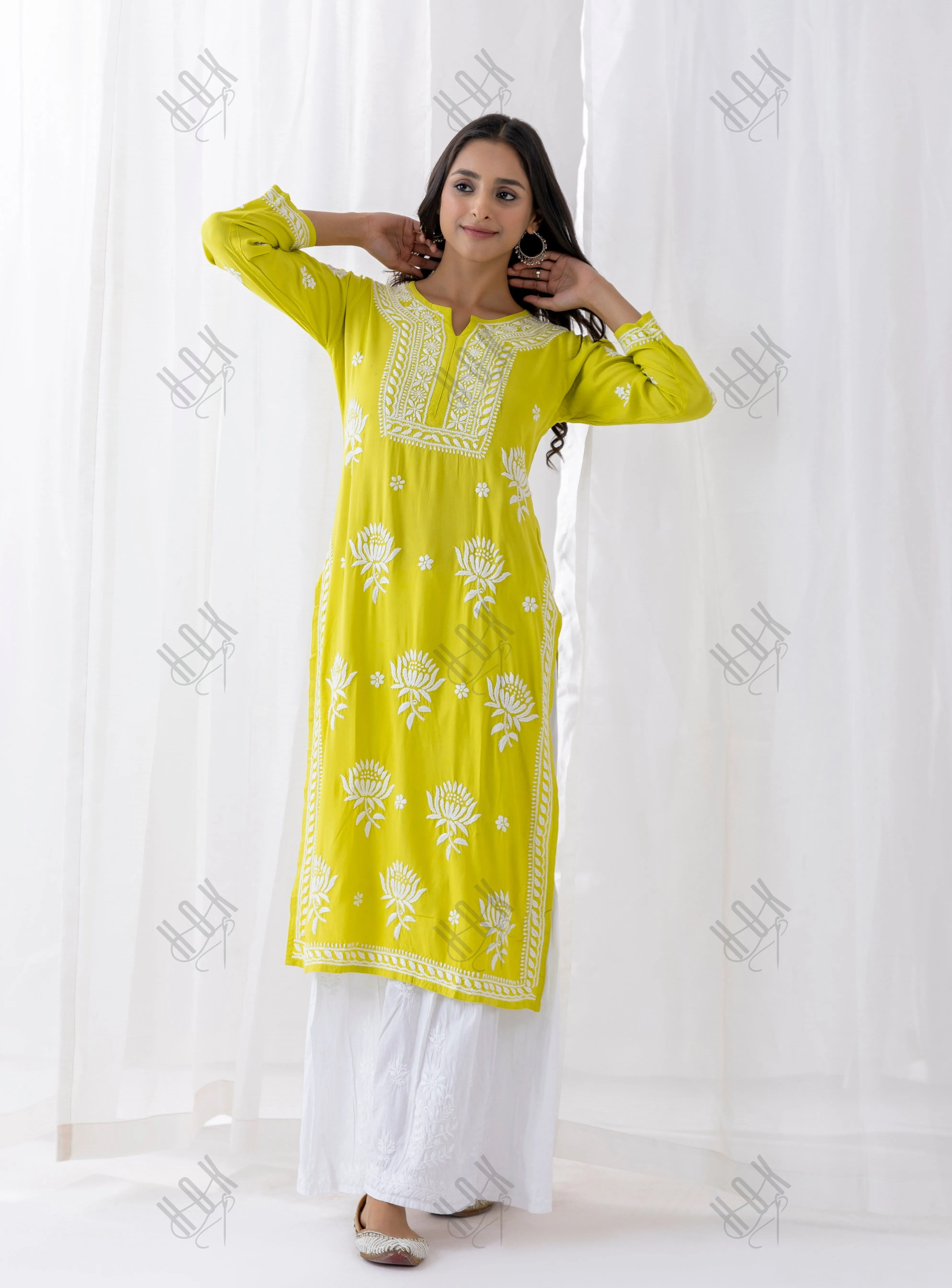 Mohopreet in Chikankari Hand Embroidery Lemon Kurta