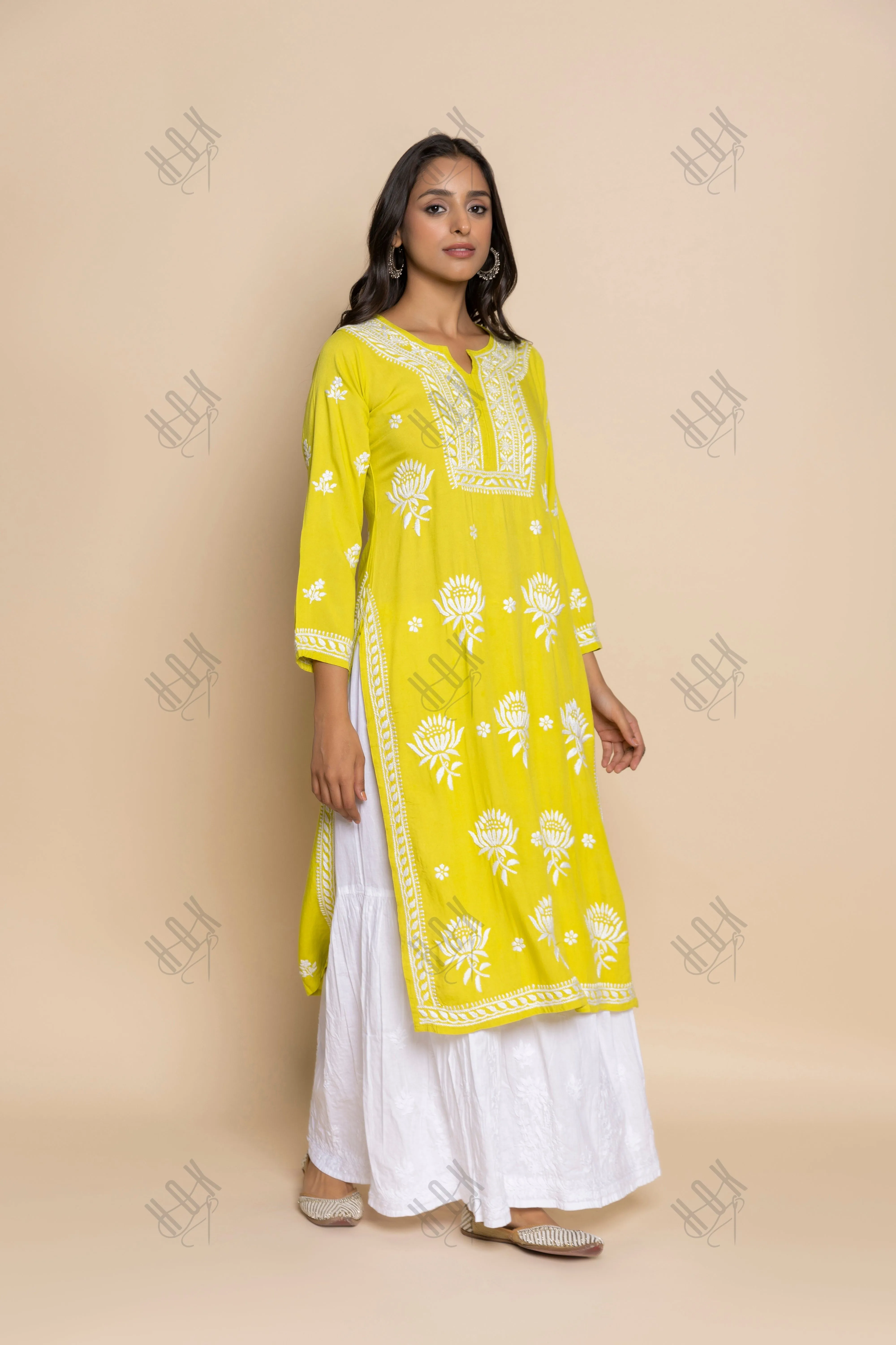 Mohopreet in Chikankari Hand Embroidery Lemon Kurta