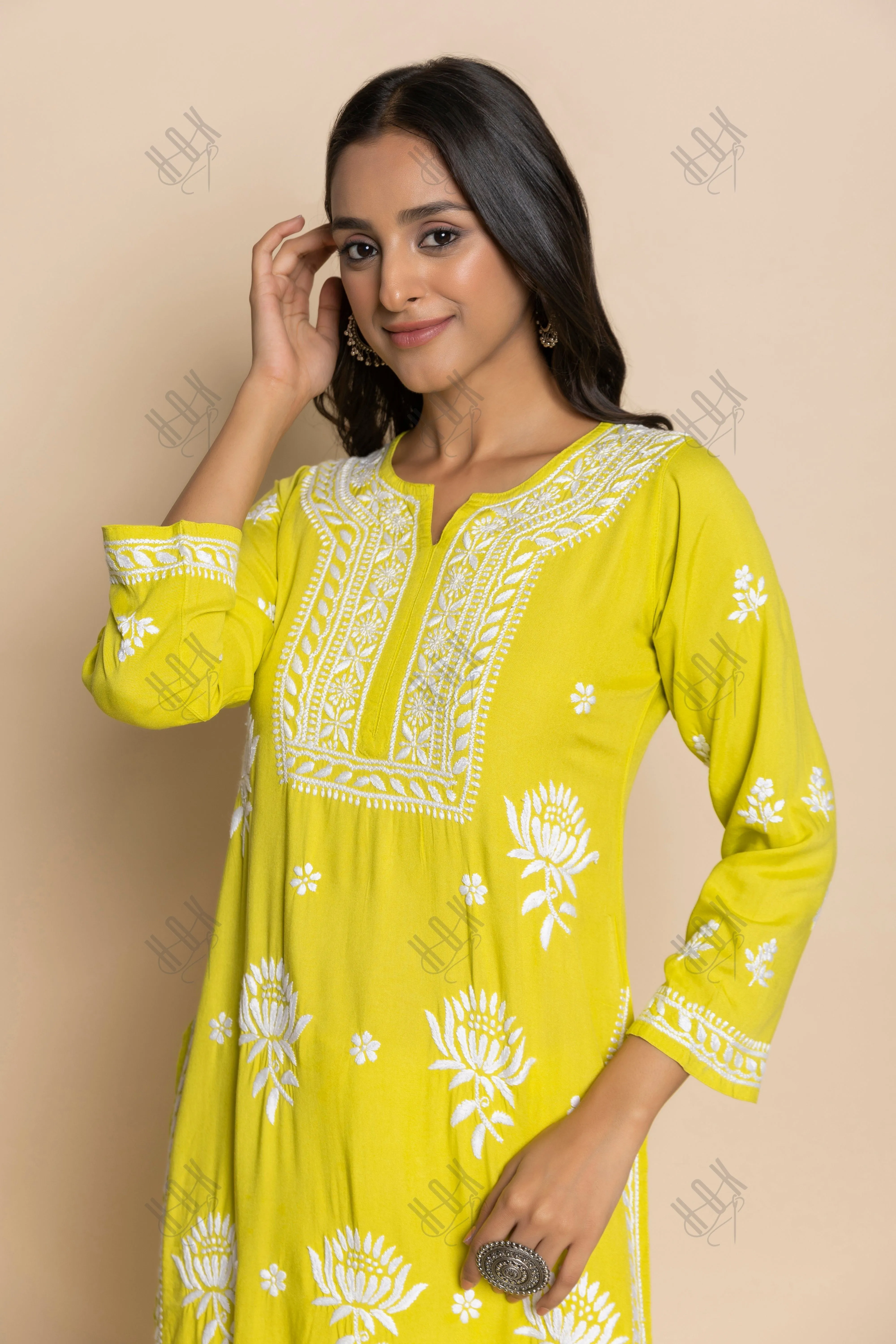 Mohopreet in Chikankari Hand Embroidery Lemon Kurta