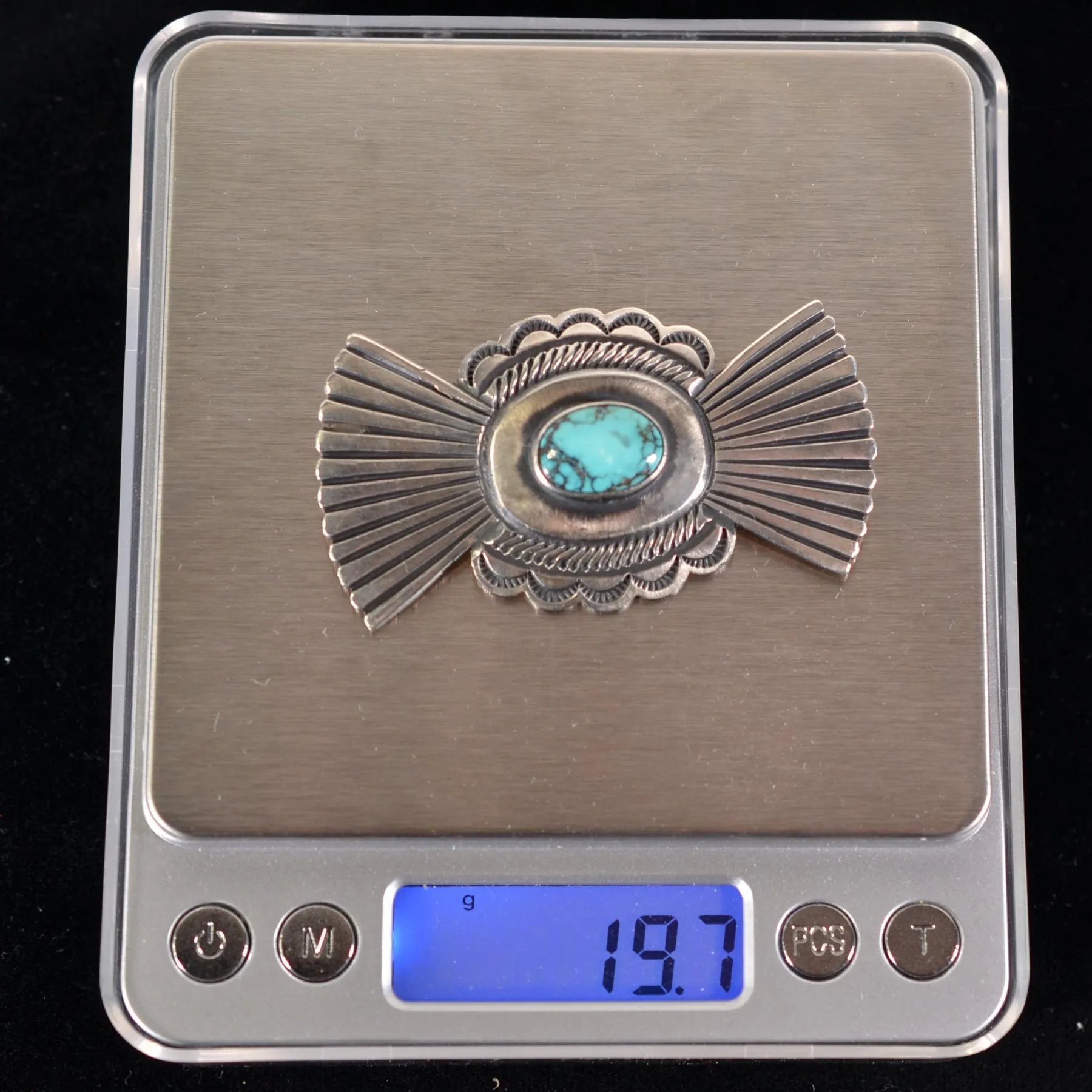 Navajo Sterling Silver Turquoise Brooch Hallmarked MC, Martha Cayatineto, 19.7 Grams