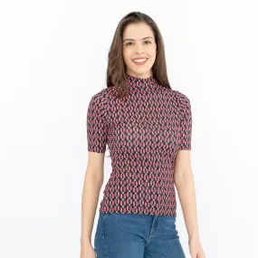 Oasis Black Geometric Print High Neck Short Sleeve Tops