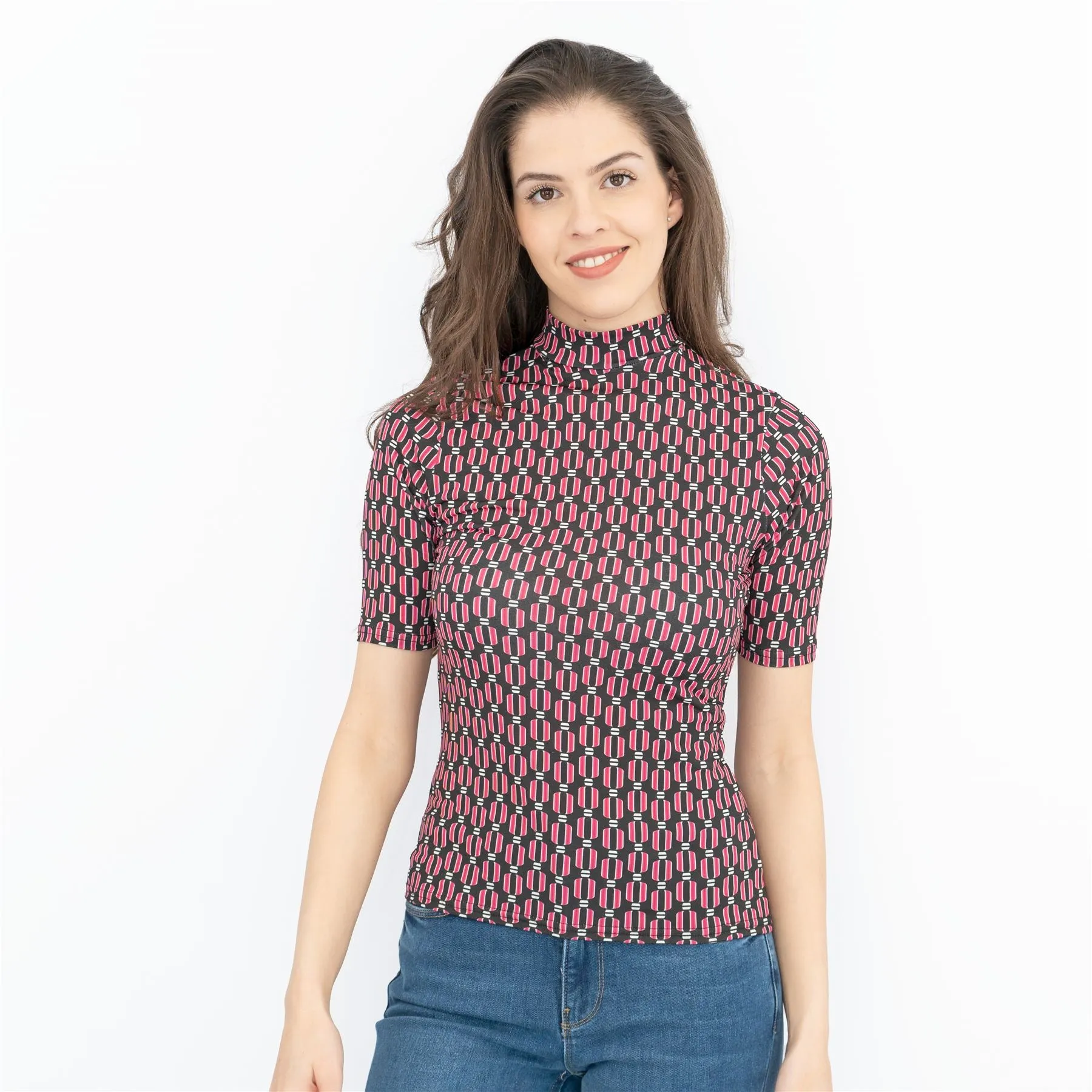 Oasis Black Geometric Print High Neck Short Sleeve Tops