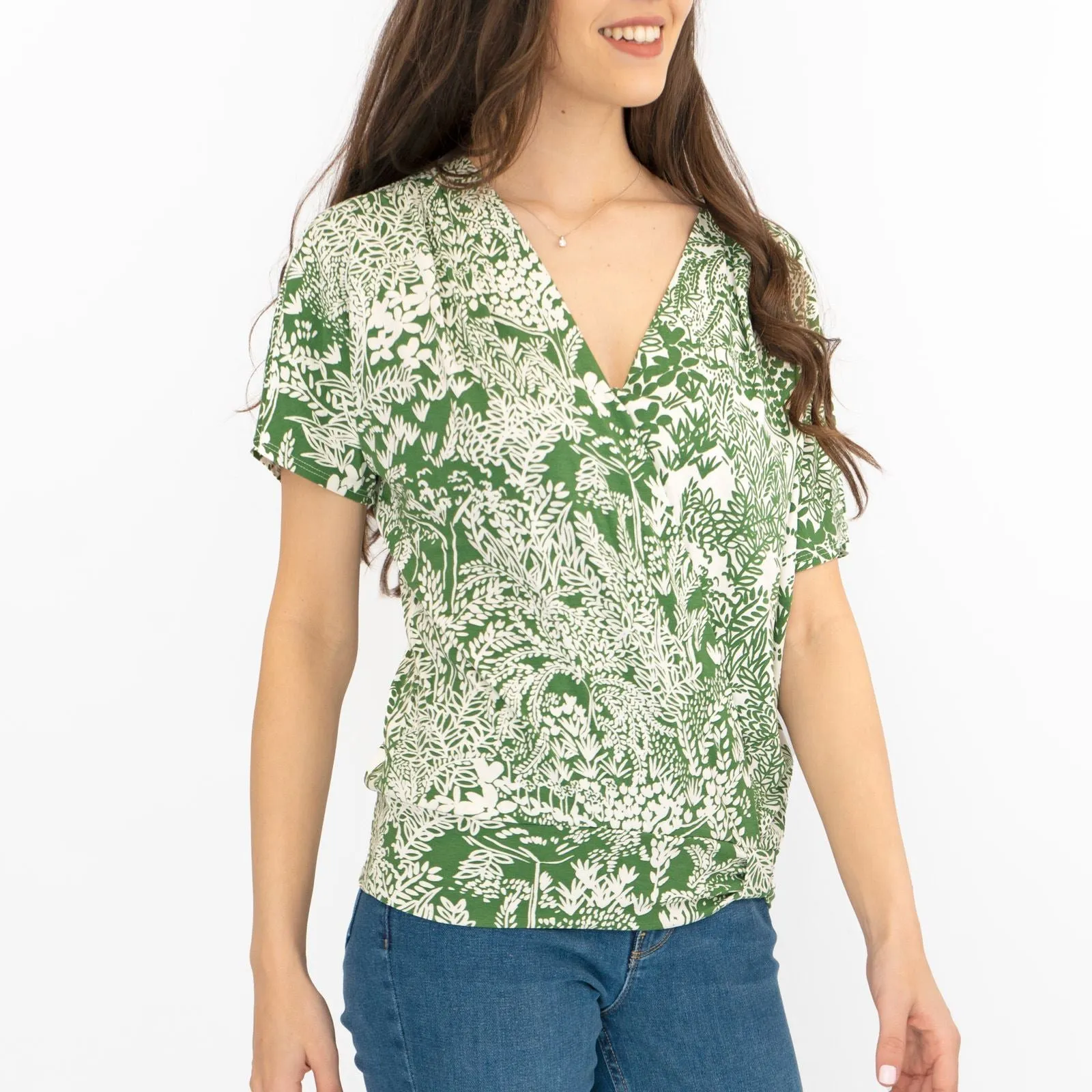 Phase Eight Womens Top Green Short Sleeve V-Neck Summer Cotton Ivory Relaxed