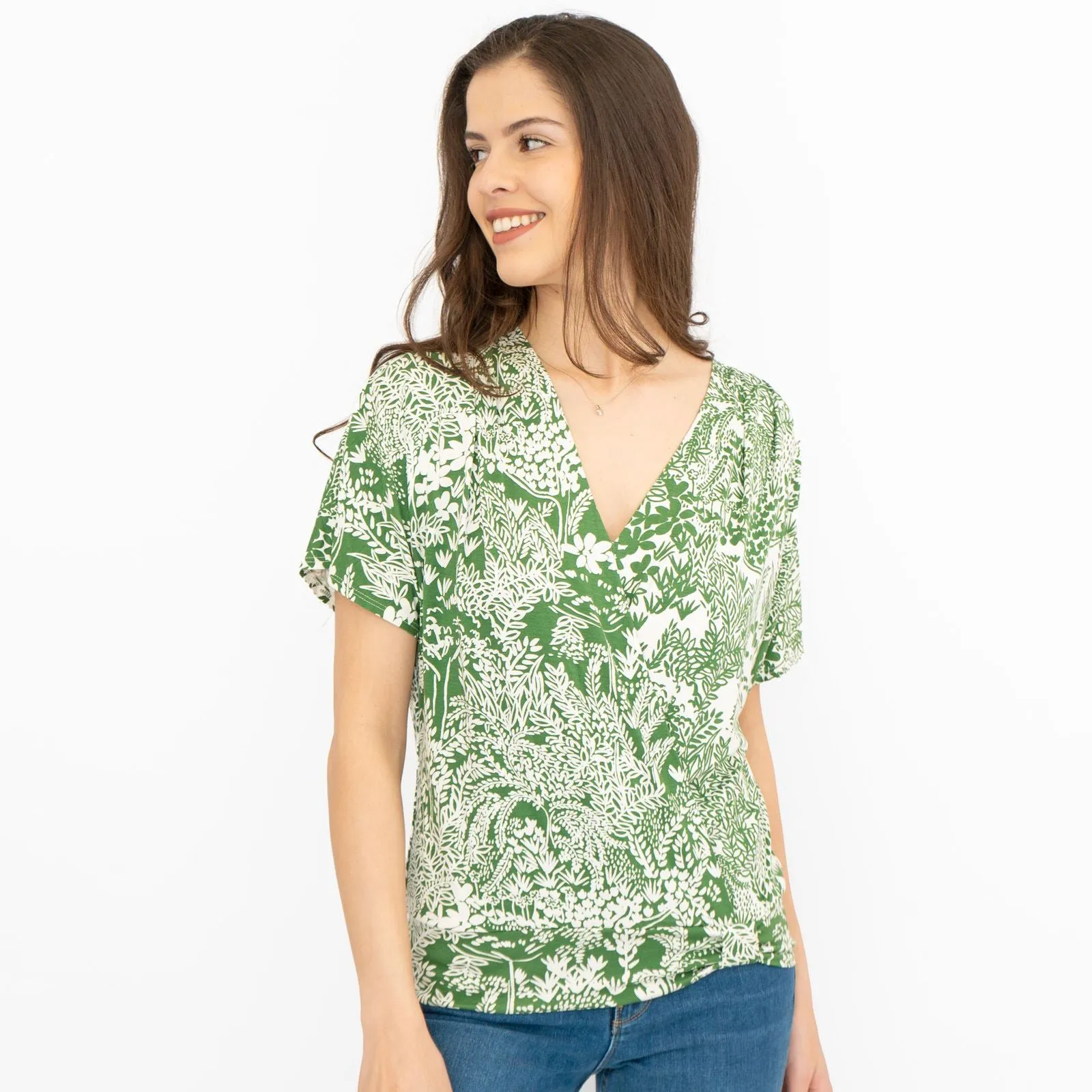 Phase Eight Womens Top Green Short Sleeve V-Neck Summer Cotton Ivory Relaxed