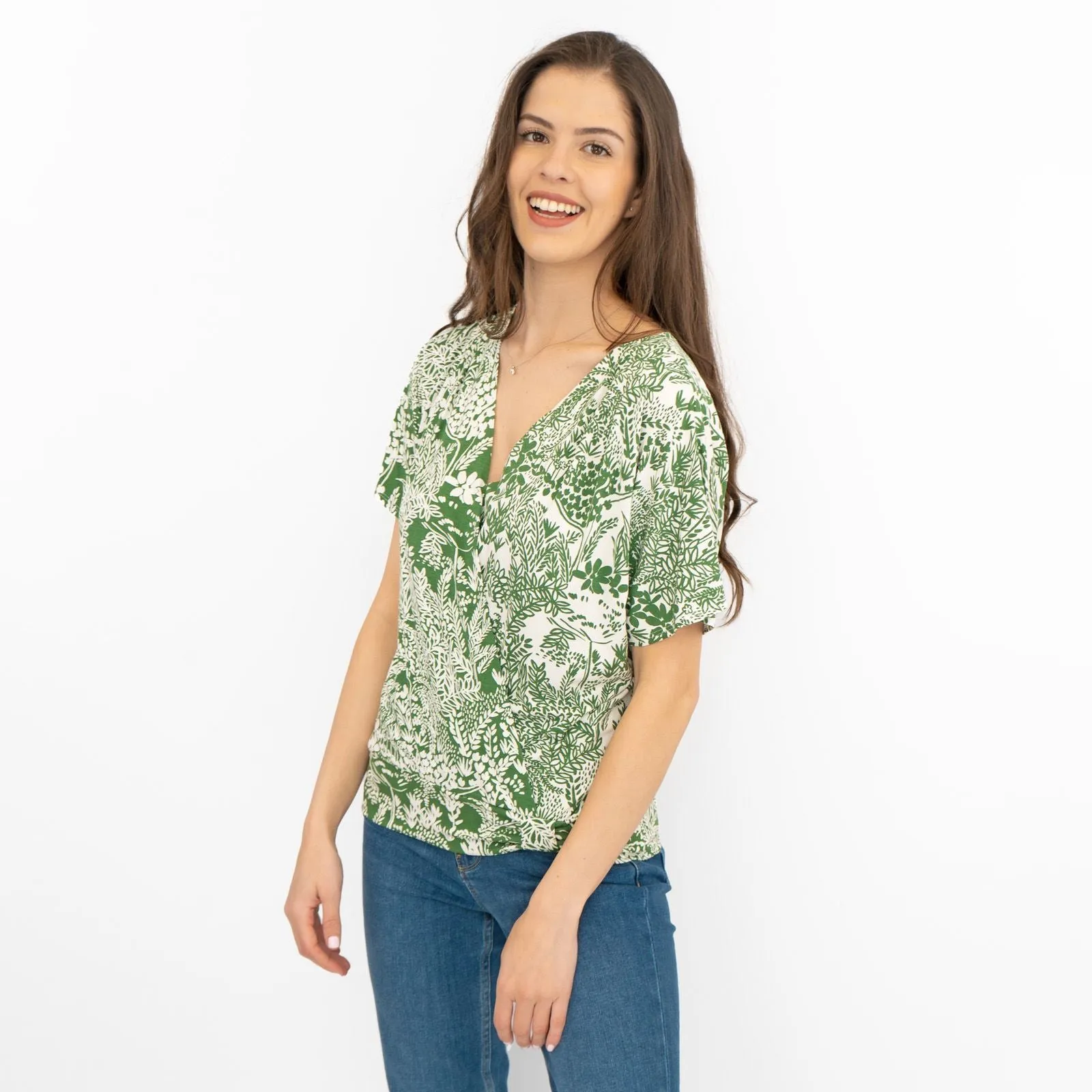 Phase Eight Womens Top Green Short Sleeve V-Neck Summer Cotton Ivory Relaxed