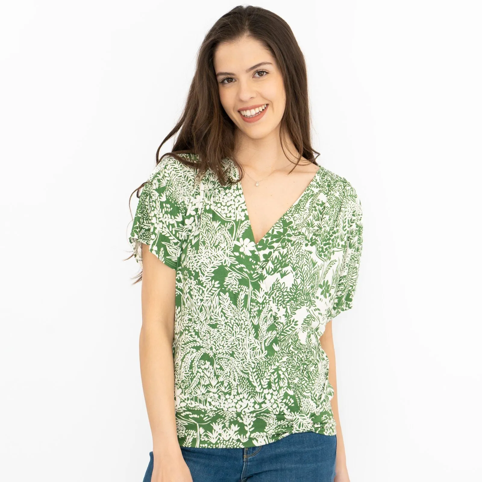 Phase Eight Womens Top Green Short Sleeve V-Neck Summer Cotton Ivory Relaxed