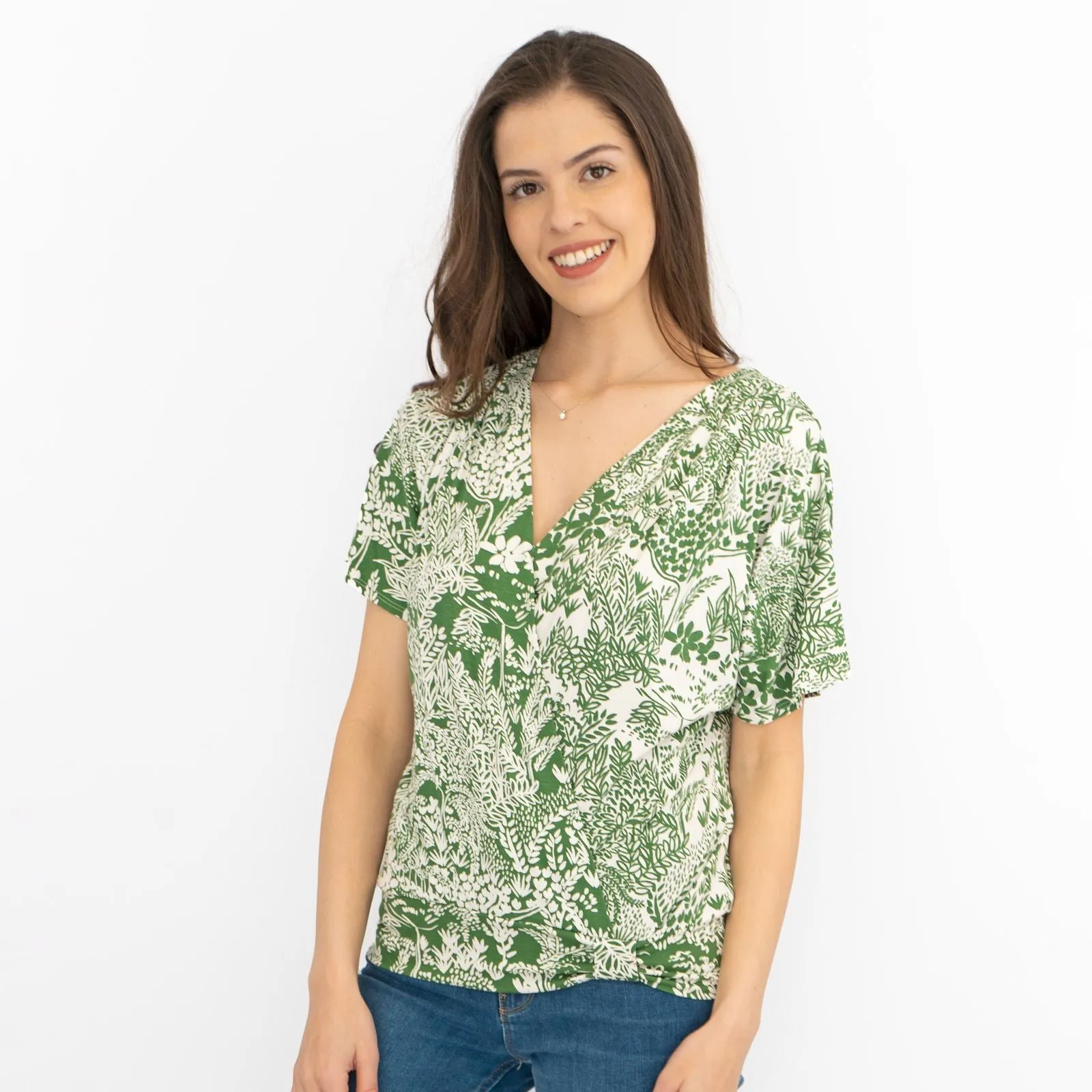 Phase Eight Womens Top Green Short Sleeve V-Neck Summer Cotton Ivory Relaxed