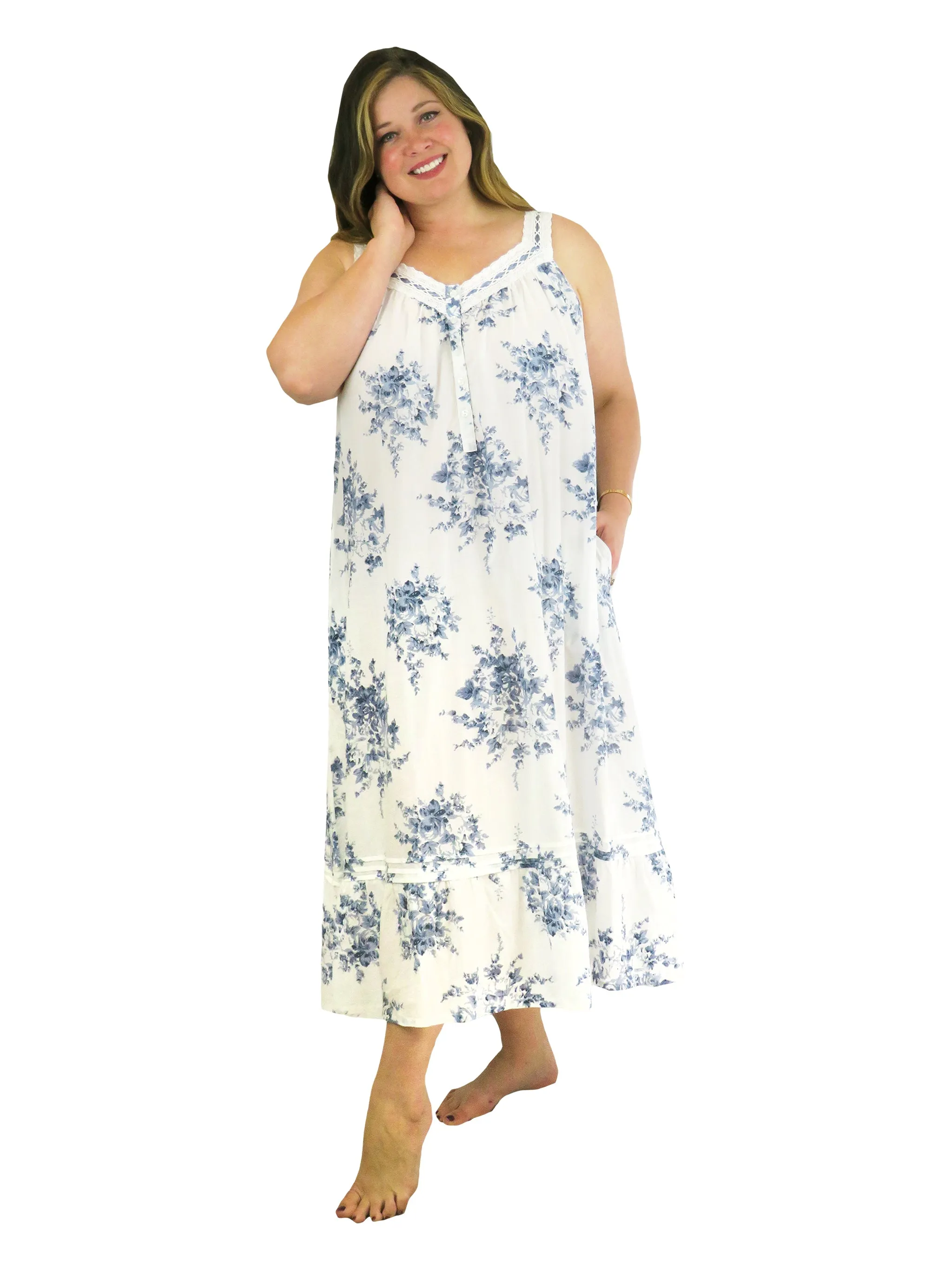 Plus Size 100% Cotton Lace Trim Flounce Gown- Blue and White Floral Print