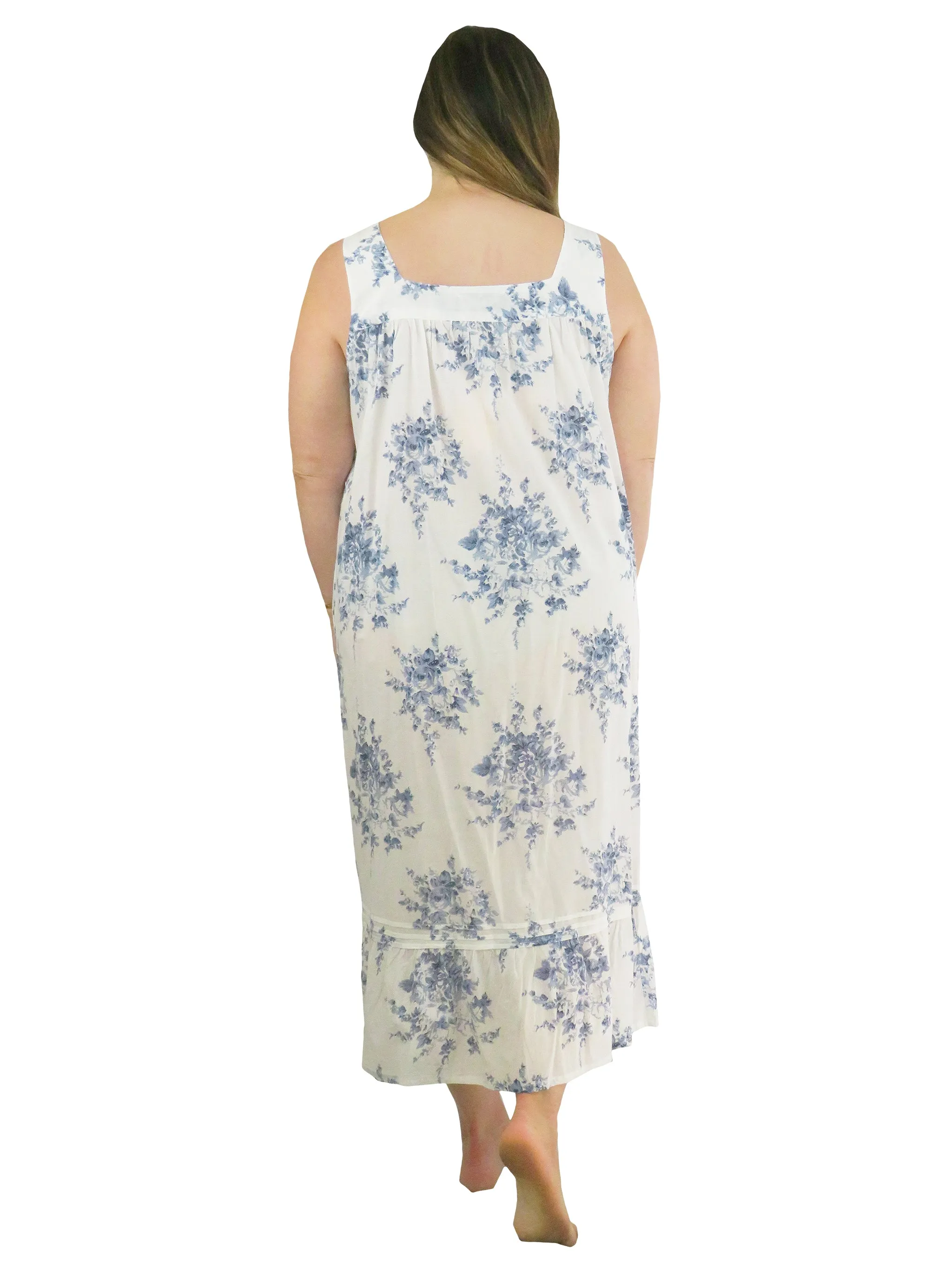 Plus Size 100% Cotton Lace Trim Flounce Gown- Blue and White Floral Print