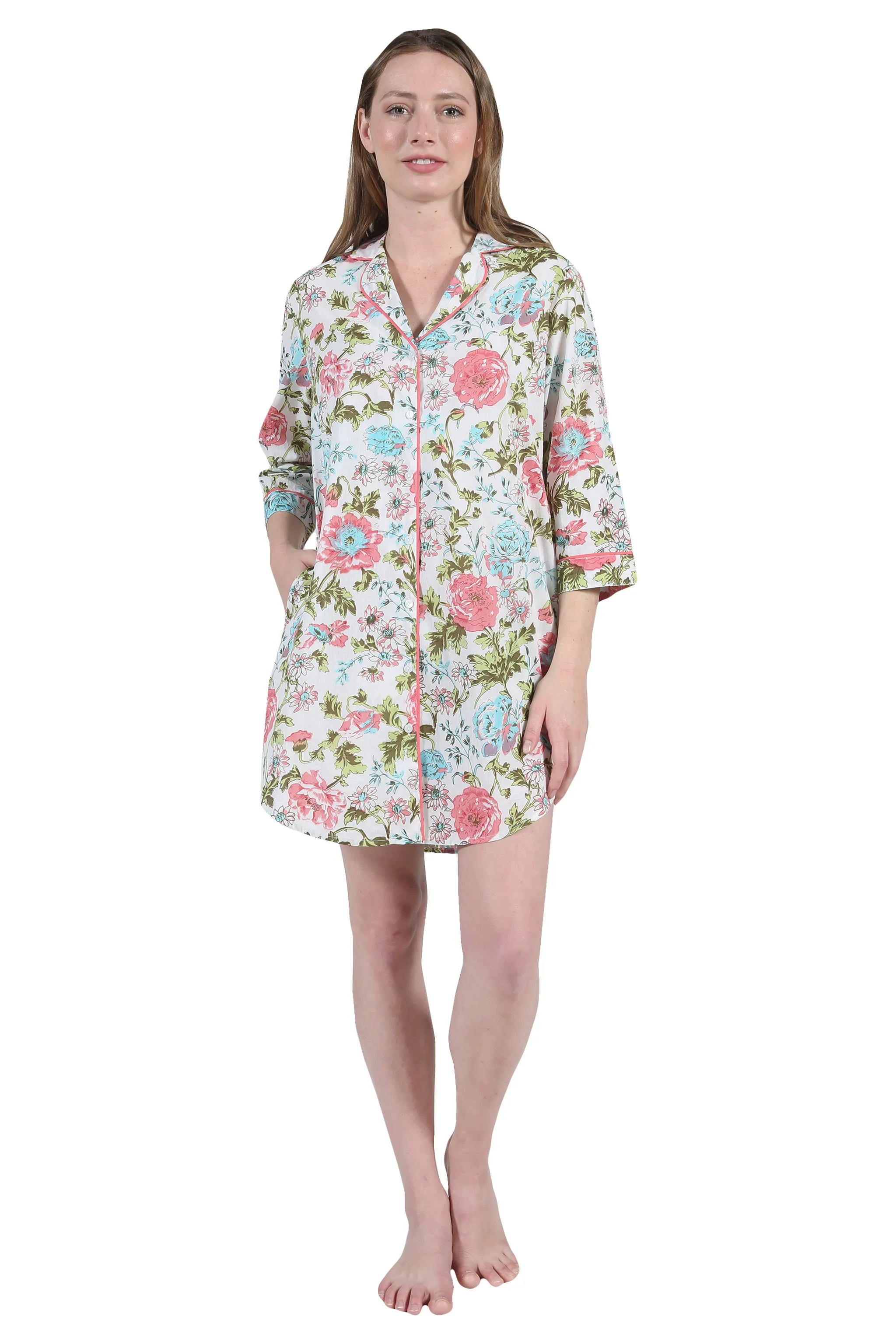 Plus Size La Cera English Garden Print Long Sleeve Nightshirt