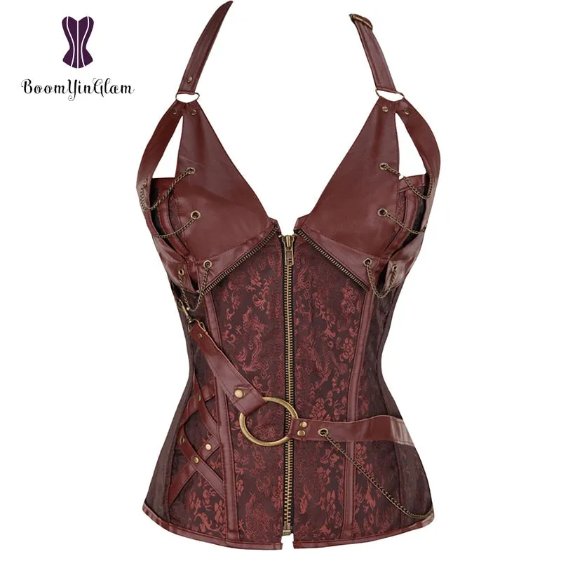 Plus Size Zip Up Sexy Shaper Spiral Steel Boned Steampunk Goth Halter Leather Bustier Corset S-6XL