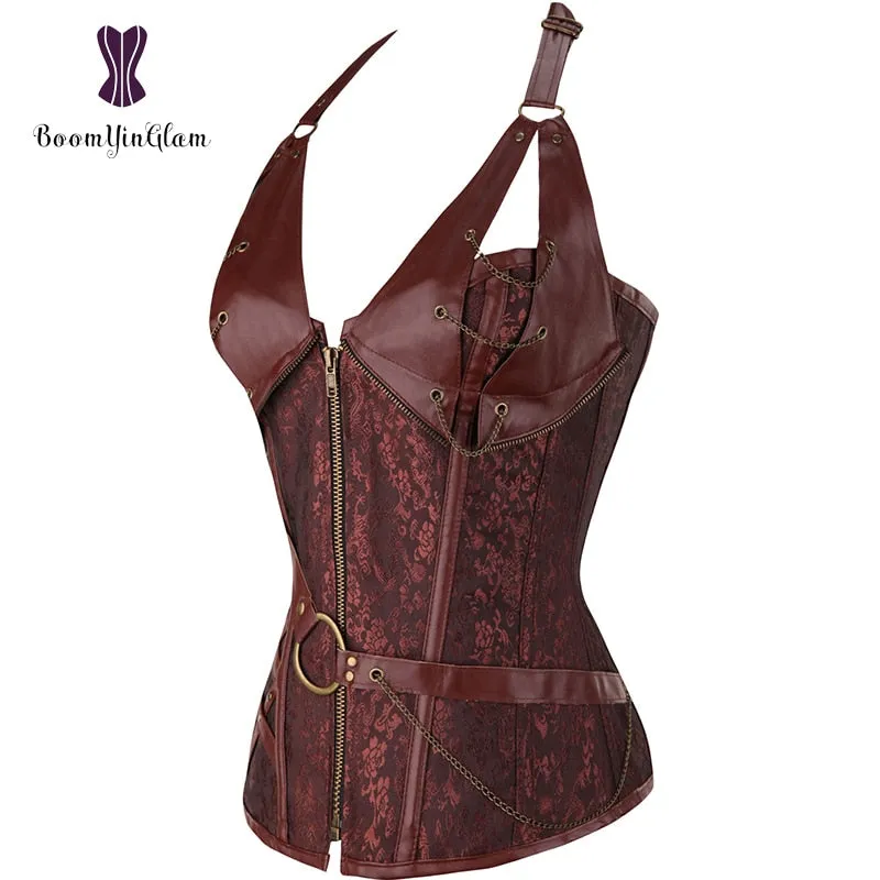 Plus Size Zip Up Sexy Shaper Spiral Steel Boned Steampunk Goth Halter Leather Bustier Corset S-6XL