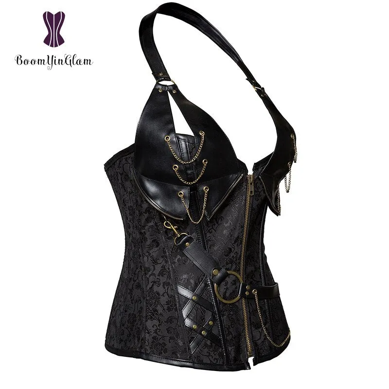 Plus Size Zip Up Sexy Shaper Spiral Steel Boned Steampunk Goth Halter Leather Bustier Corset S-6XL