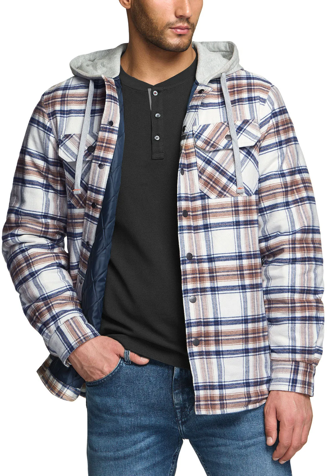 Quilted Lined Flannel Hooded Shirt Jacket [HOK720]