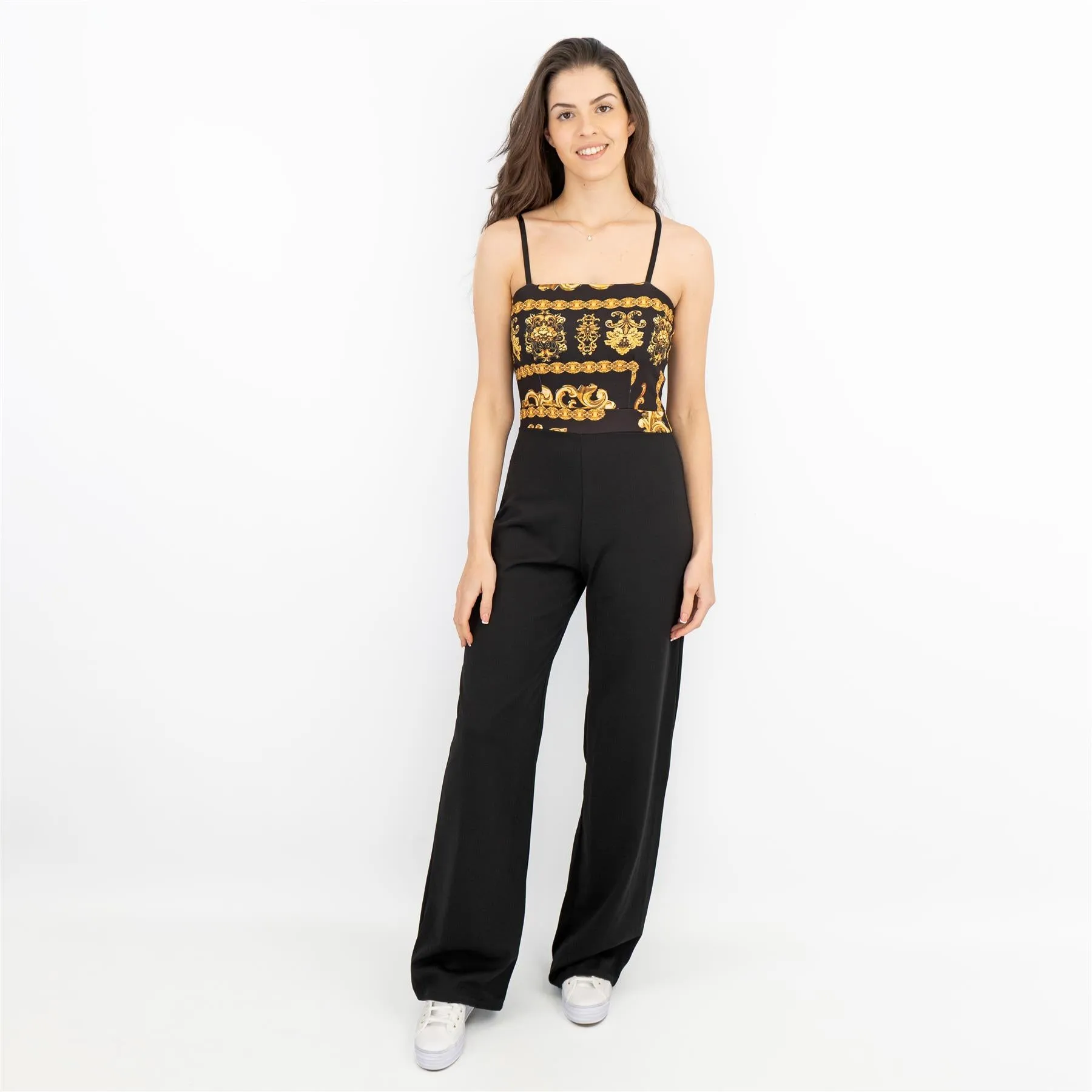 Quiz Black Gold Print Wide Leg Sleeveless Jumpsuits