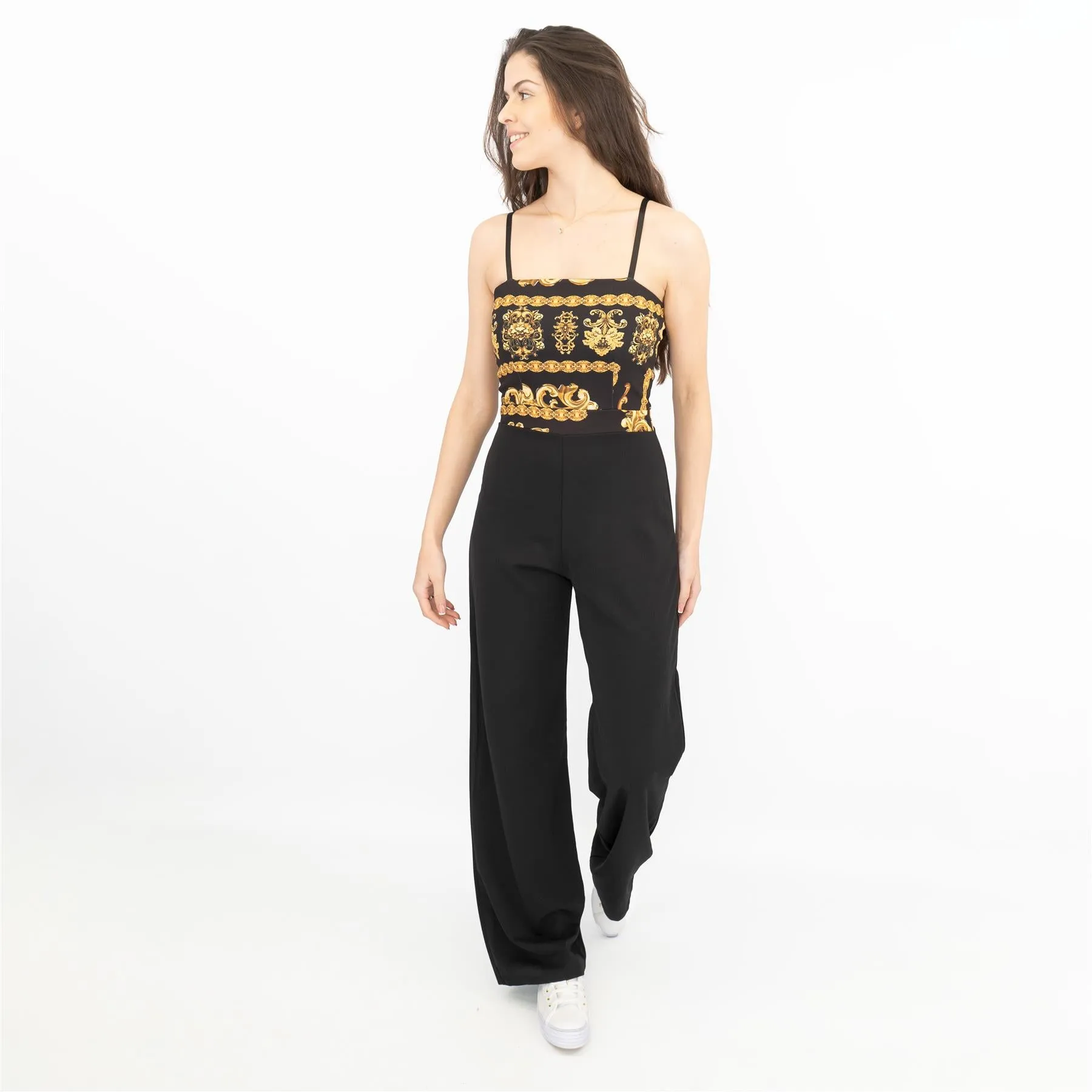 Quiz Black Gold Print Wide Leg Sleeveless Jumpsuits