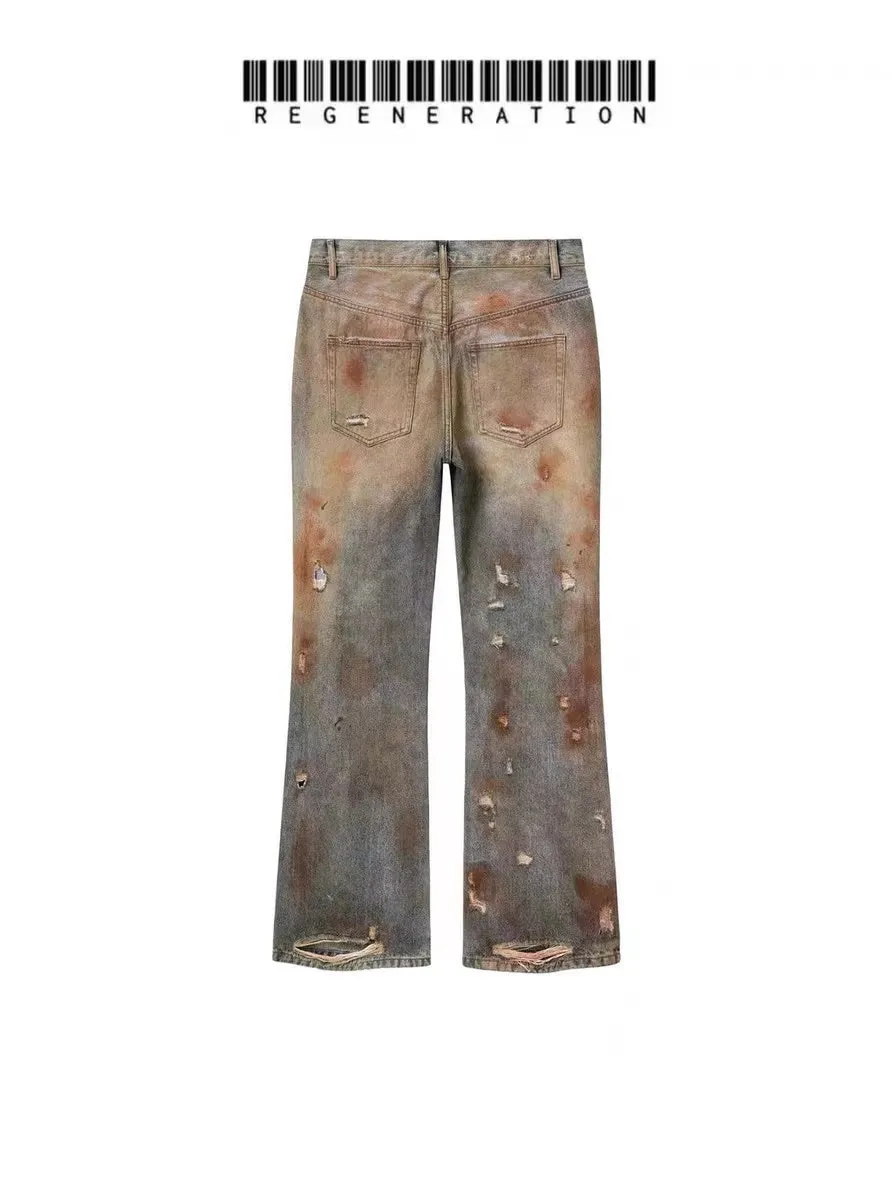 REGEN ZONE Heavy Distressed Dirty Blood Stains Nostalgic Damaged Flared Jeans