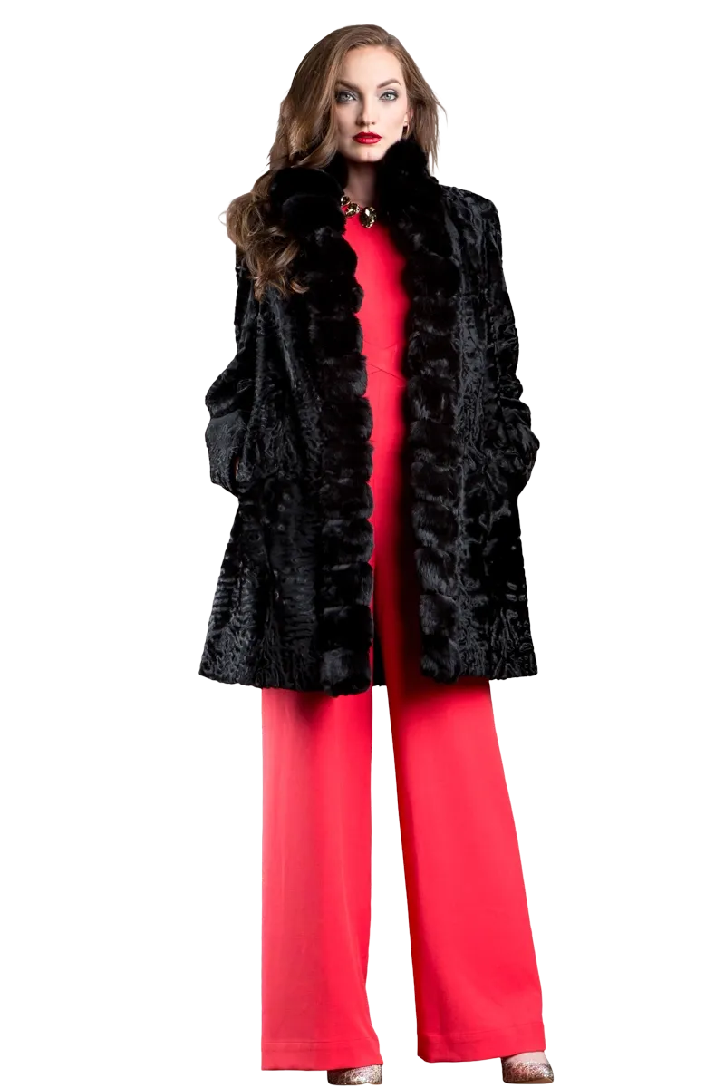 Reversible Black Swakara and Chinchilla Fitted Mid-Length Fur Coat