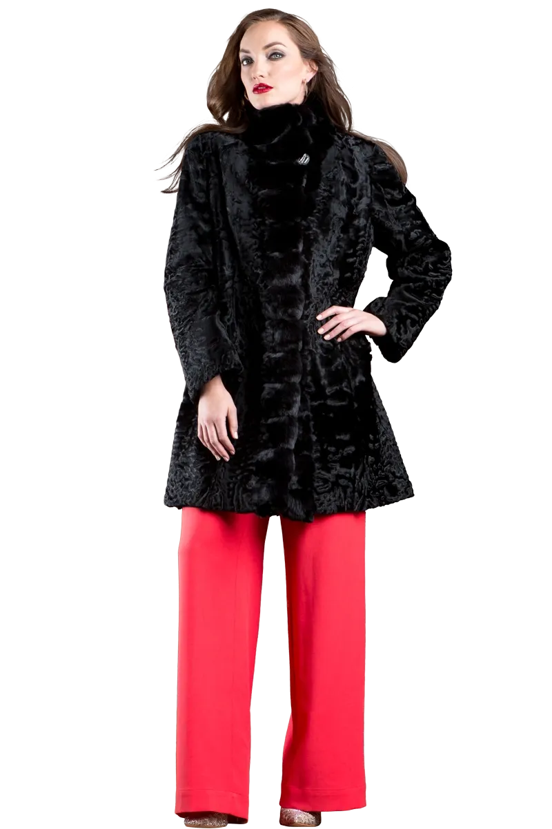 Reversible Black Swakara and Chinchilla Fitted Mid-Length Fur Coat