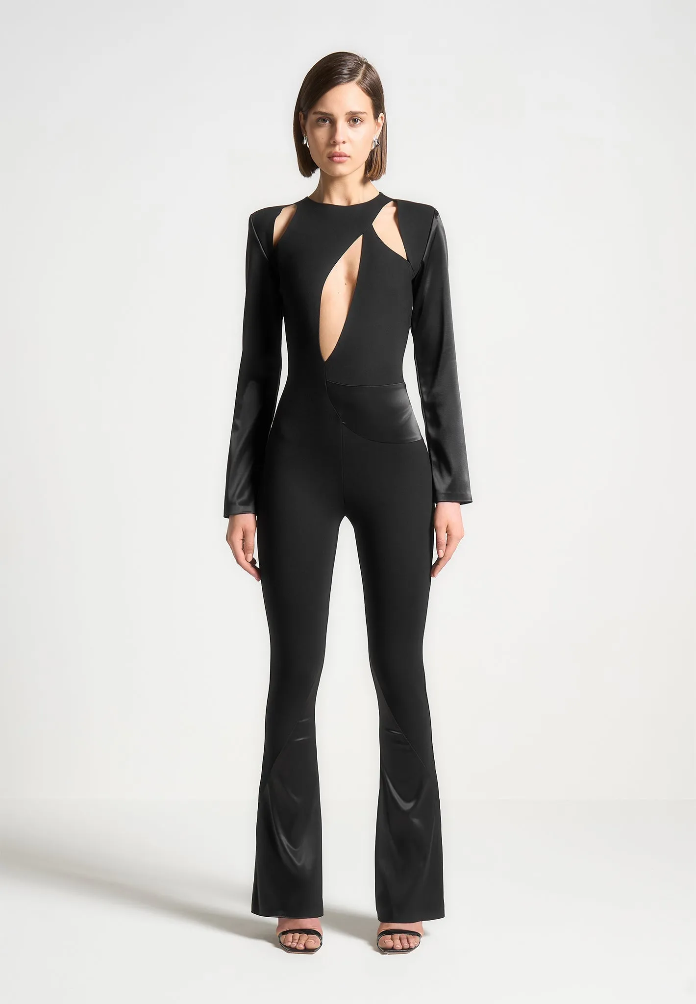 Satin and Bandage Flared Jumpsuit - Black