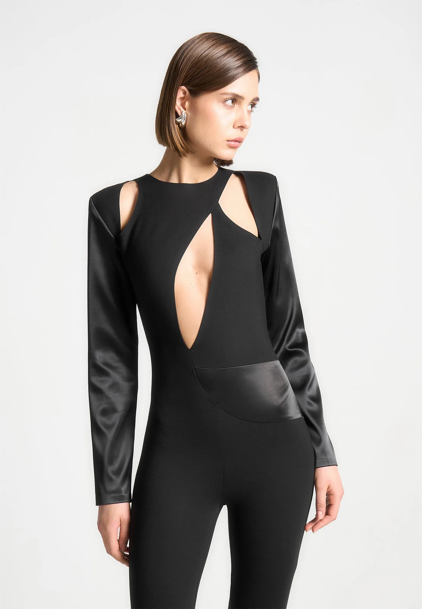 Satin and Bandage Flared Jumpsuit - Black