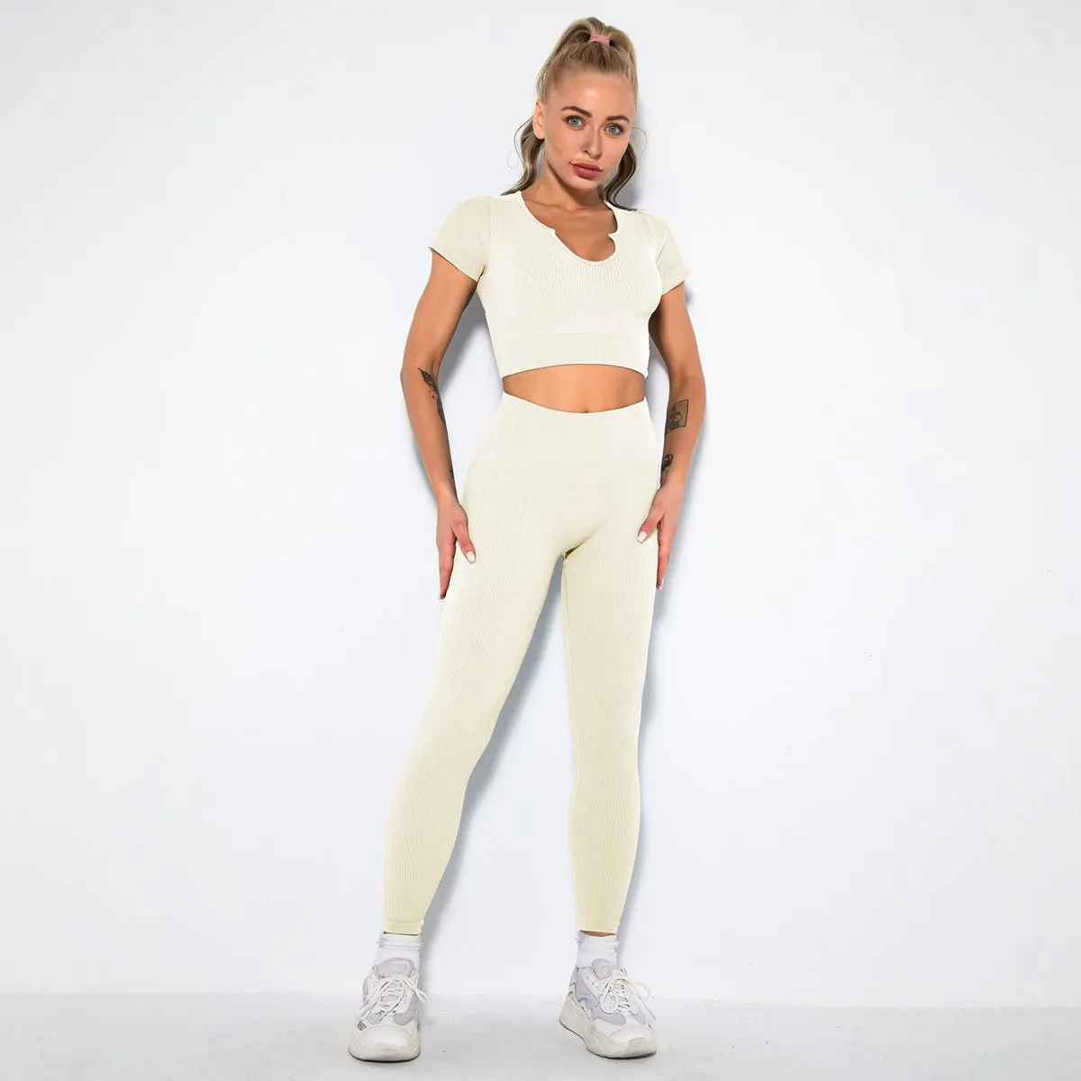 Seamless Sexy Fitness Yoga U V Neck Leggings Gym Wear Set - Women's 2 Piece Active Wear Set