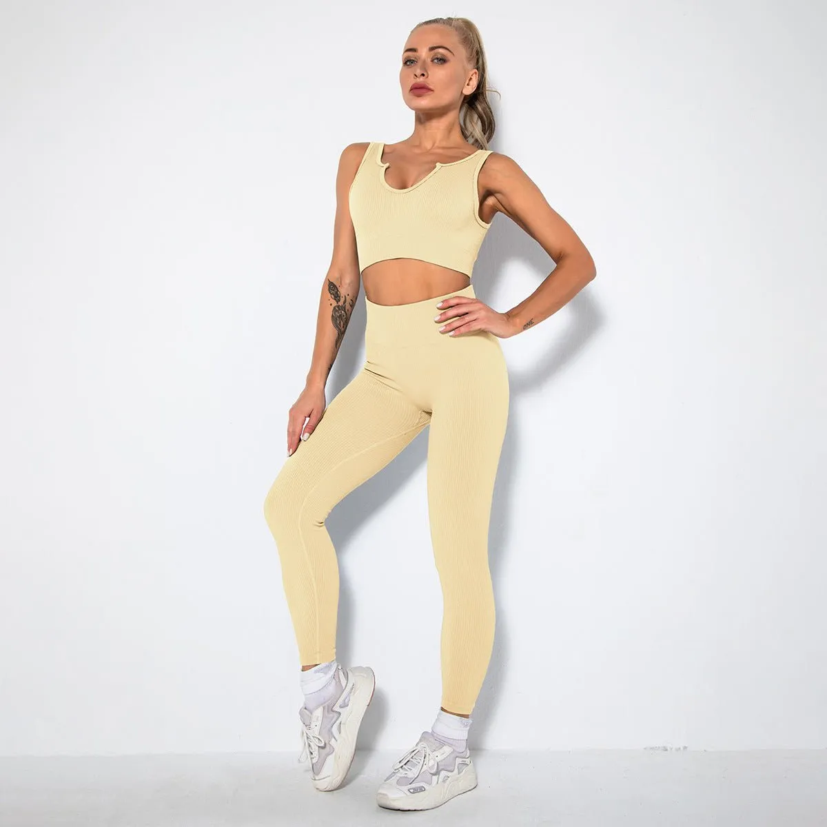 Seamless Sexy Fitness Yoga U V Neck Leggings Gym Wear Set - Women's 2 Piece Active Wear Set