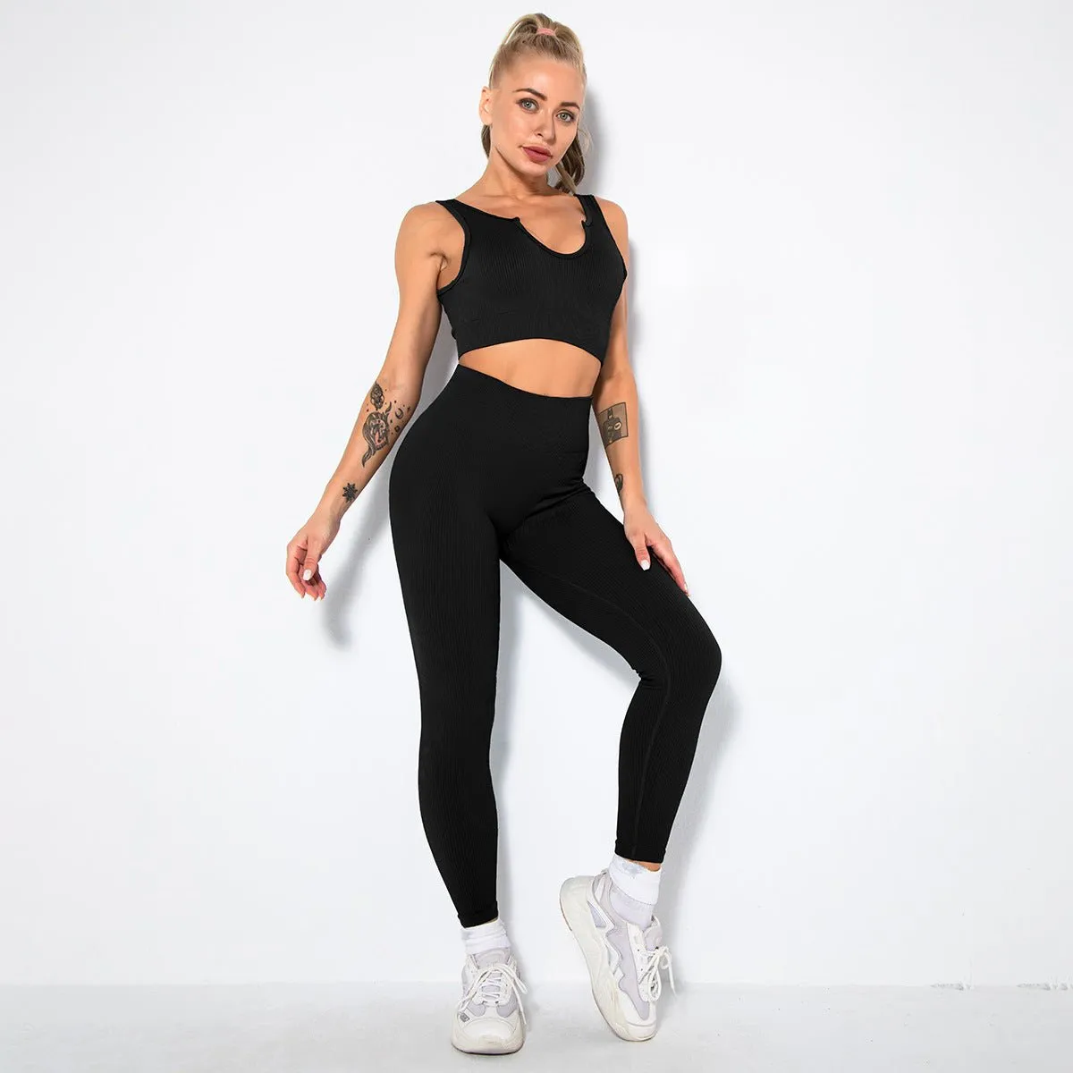 Seamless Sexy Fitness Yoga U V Neck Leggings Gym Wear Set - Women's 2 Piece Active Wear Set