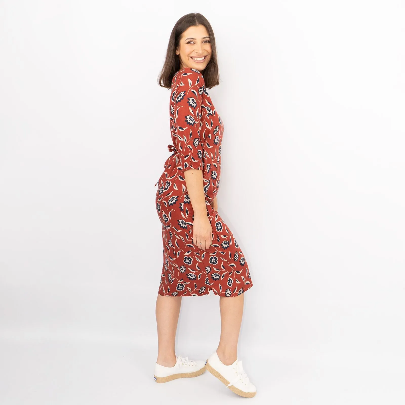 Seasalt 3/4 Sleeve Rust Red Floral Pockets Tie Waist Midi Shift Dresses