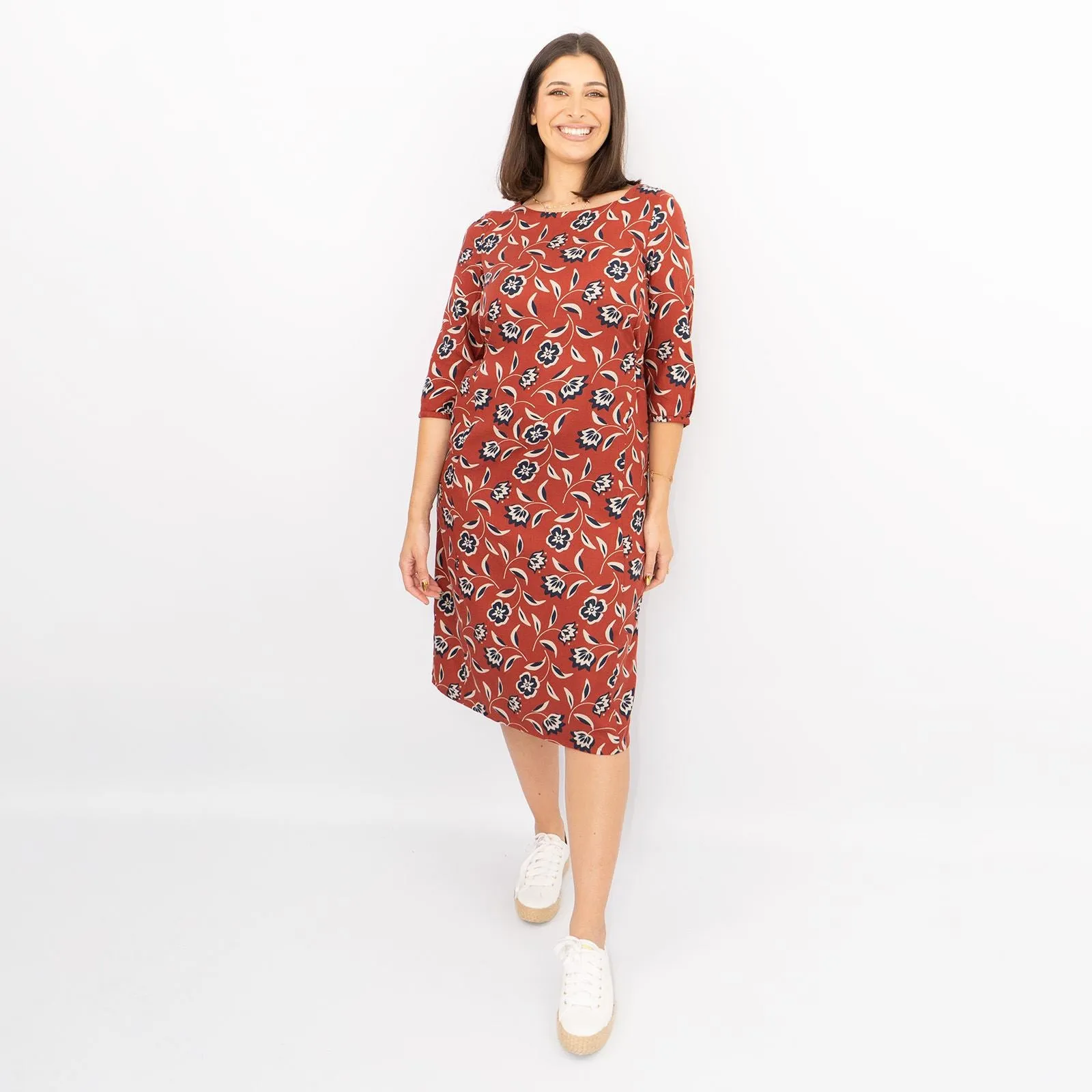 Seasalt 3/4 Sleeve Rust Red Floral Pockets Tie Waist Midi Shift Dresses