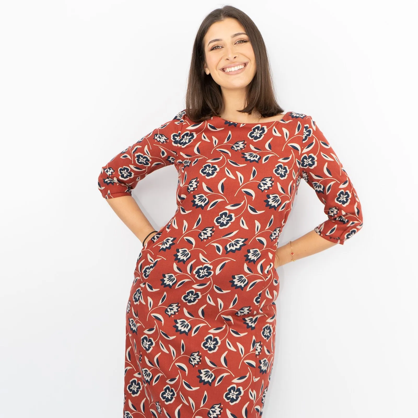 Seasalt 3/4 Sleeve Rust Red Floral Pockets Tie Waist Midi Shift Dresses