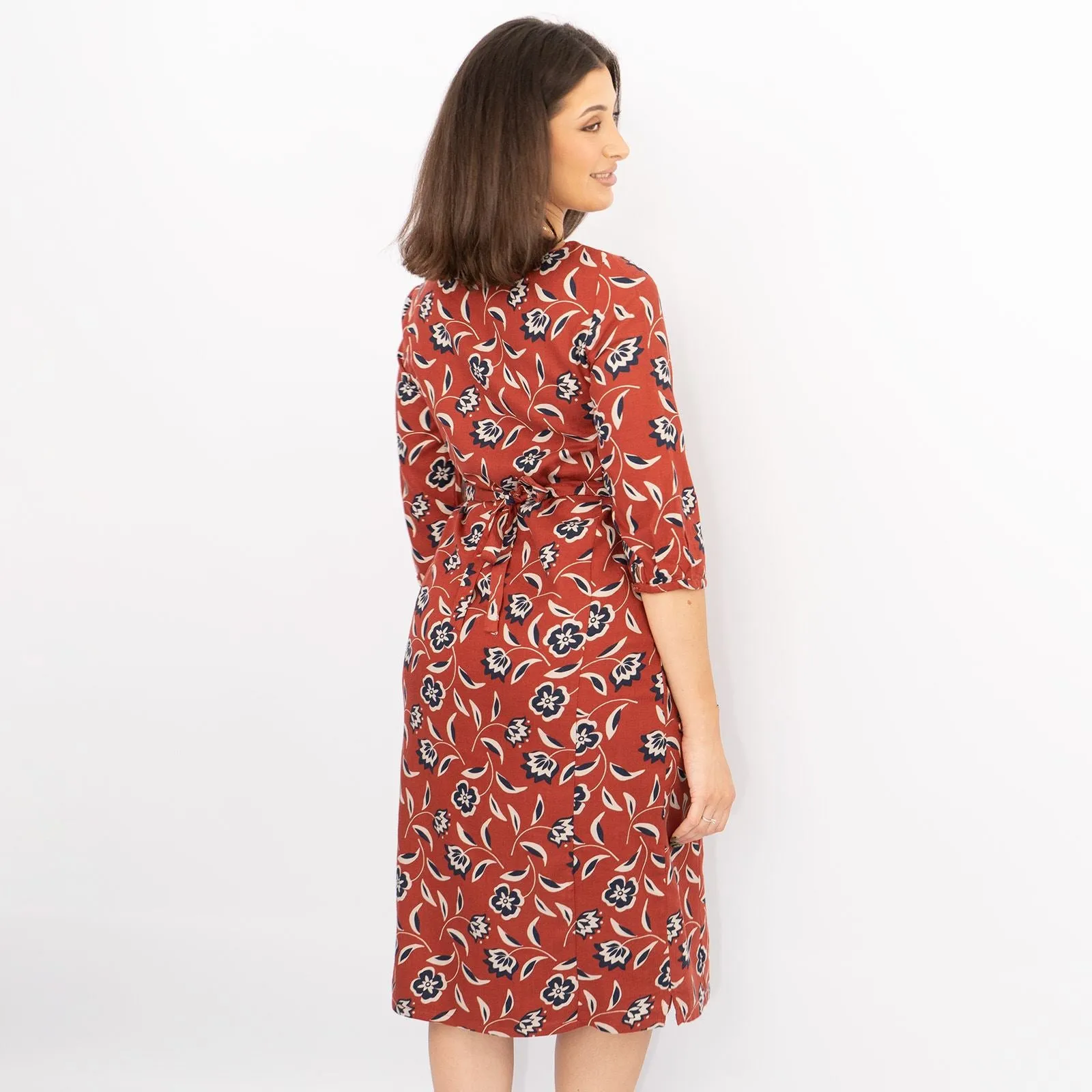 Seasalt 3/4 Sleeve Rust Red Floral Pockets Tie Waist Midi Shift Dresses