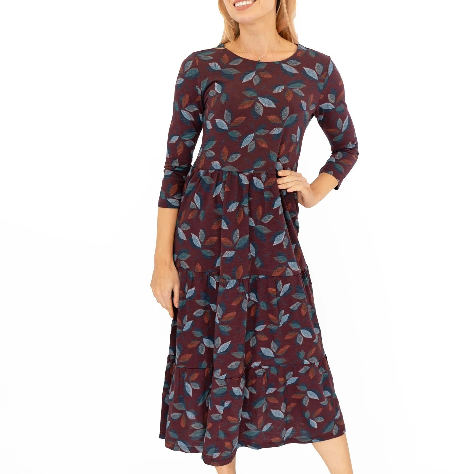 Seasalt Burgundy Leaves Line Strokes Midi Dress