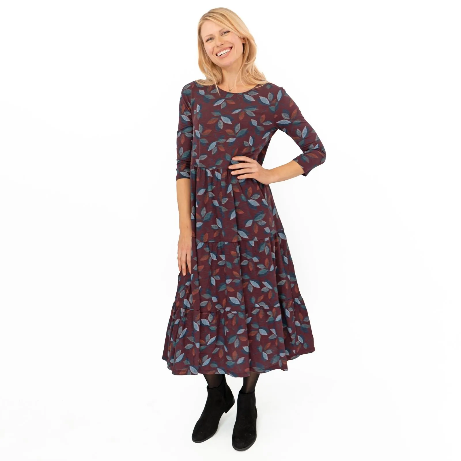 Seasalt Burgundy Leaves Line Strokes Midi Dress