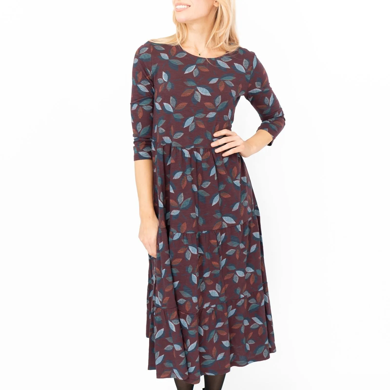 Seasalt Burgundy Leaves Line Strokes Midi Dress