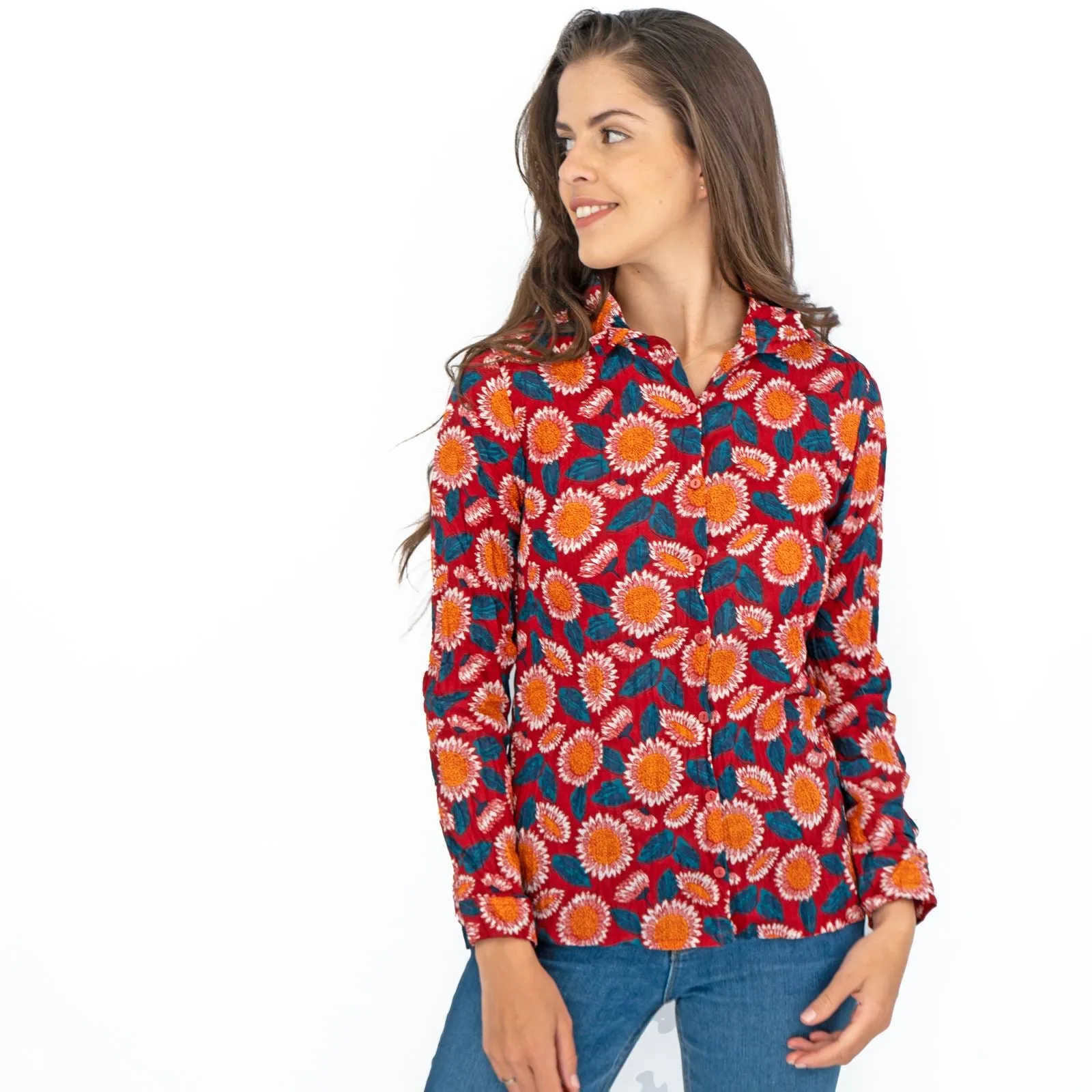 Seasalt Larissa Red Daisies Shirt Long Sleeve Cotton Button-Up Tops