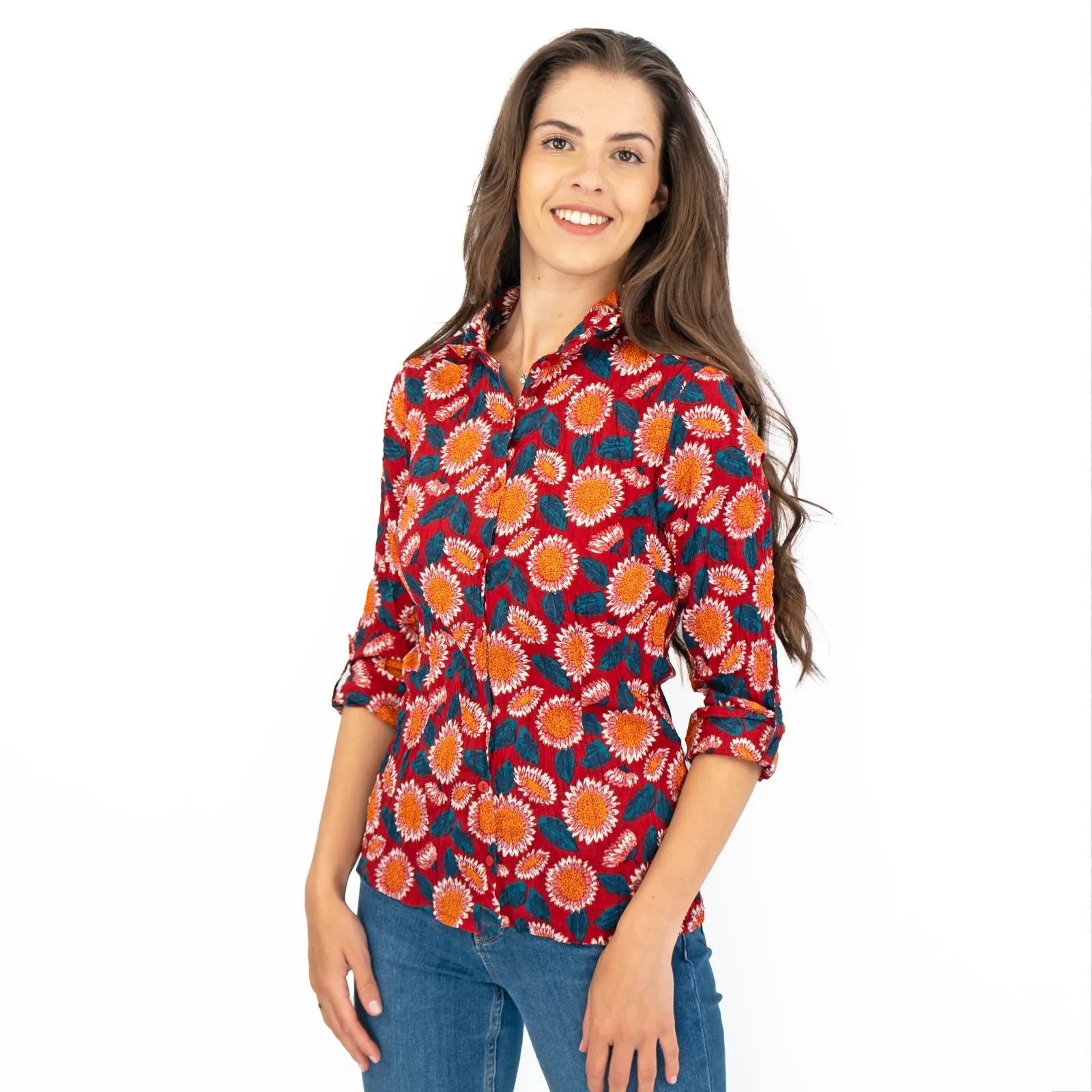 Seasalt Larissa Red Daisies Shirt Long Sleeve Cotton Button-Up Tops