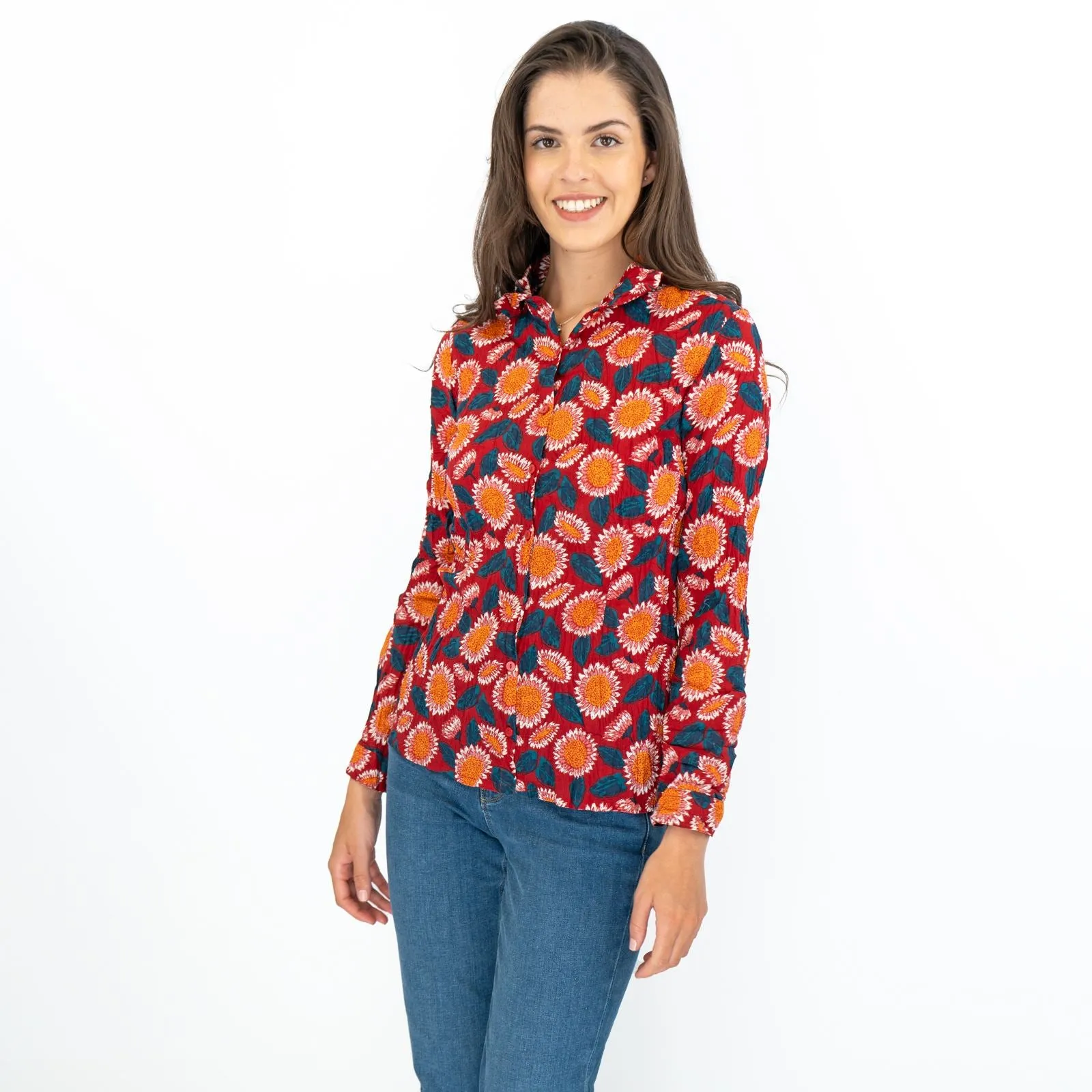 Seasalt Larissa Red Daisies Shirt Long Sleeve Cotton Button-Up Tops